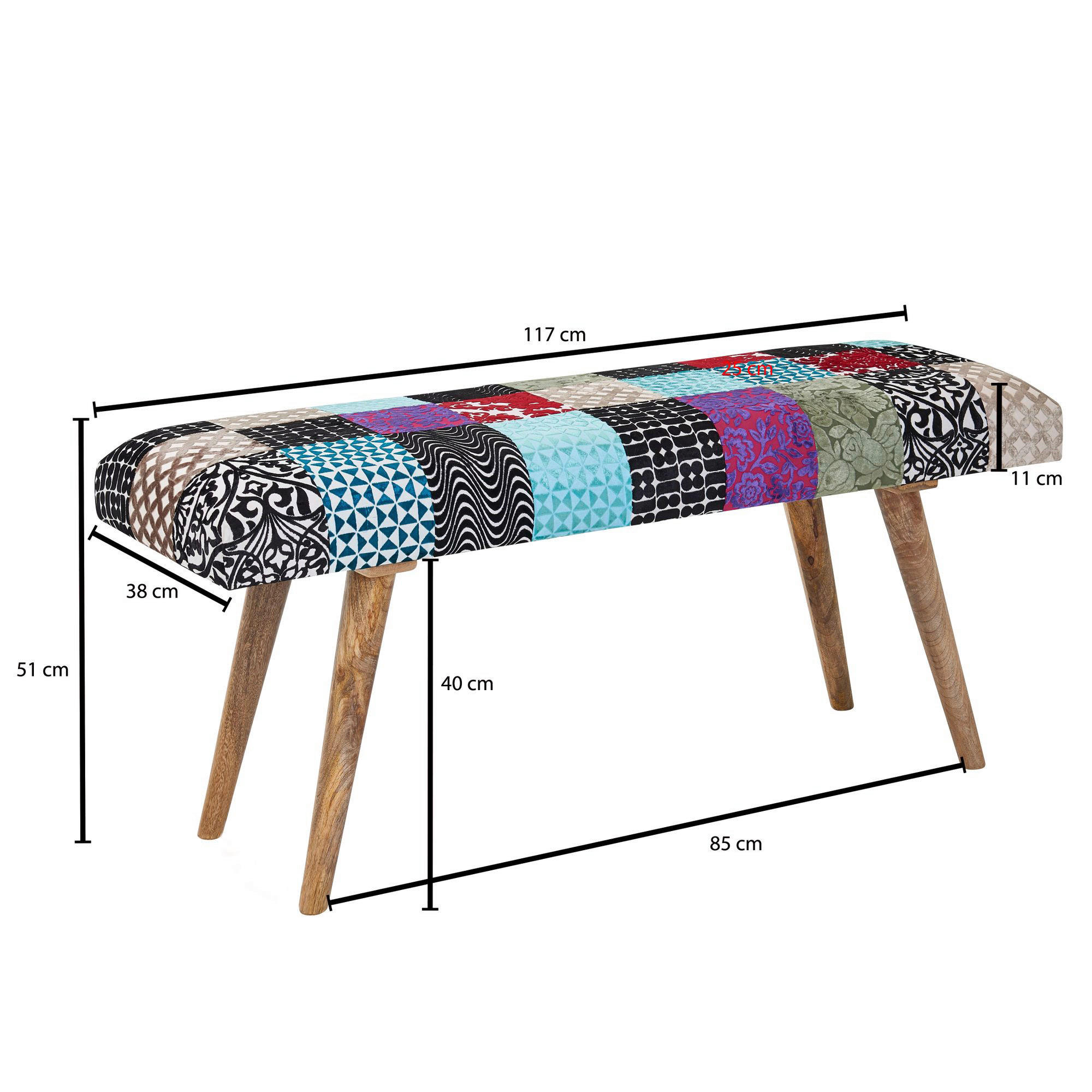 Wohnling Sitzbank bunt natur Stoff Echtholz B/H/T: ca. 117x51x38 cm Sitzbank - natur/bunt (117,00/51,00/38,00cm) - Wohnling
