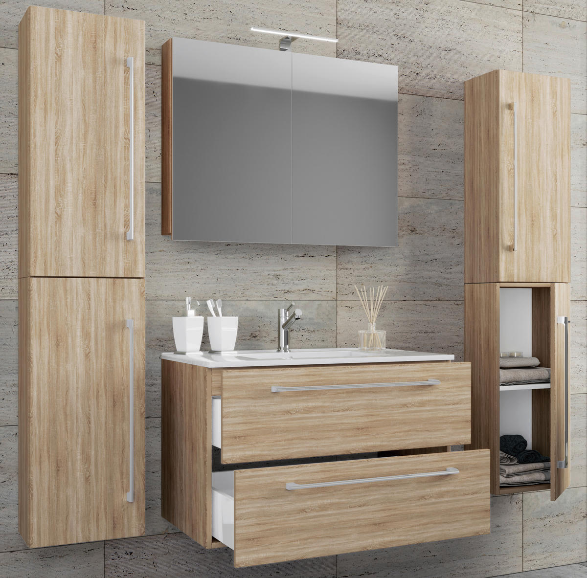 Waschplatz 5tlg-Badinos Eiche Sonoma Nachbildung B/H/T: ca. 80x50x46 cm 5tlg-Badinos - Eiche (80,00/50,00/46,00cm) - VCM Möbel