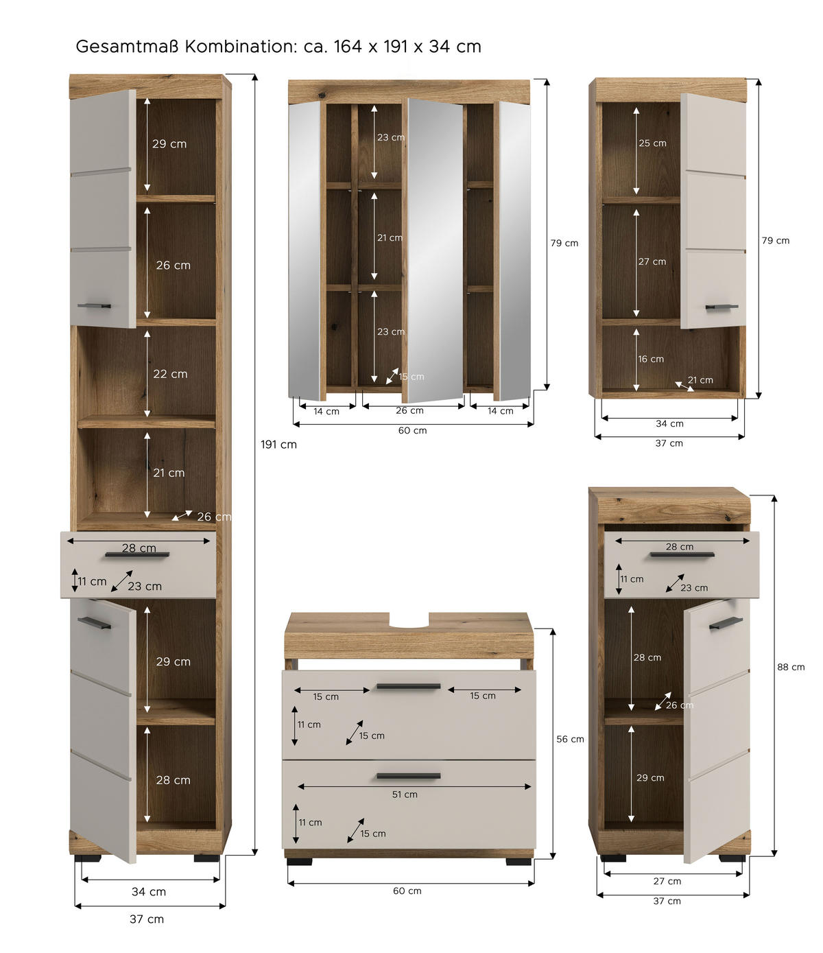 Badezimmer-Set Scout Evoke Oak Nachbildung Kaschmirgrau Nachbildung B/H/T: ca. 164x191x34 cm Scout - Kaschmirgrau (164,00/191,00/34,00cm) - xonox.home