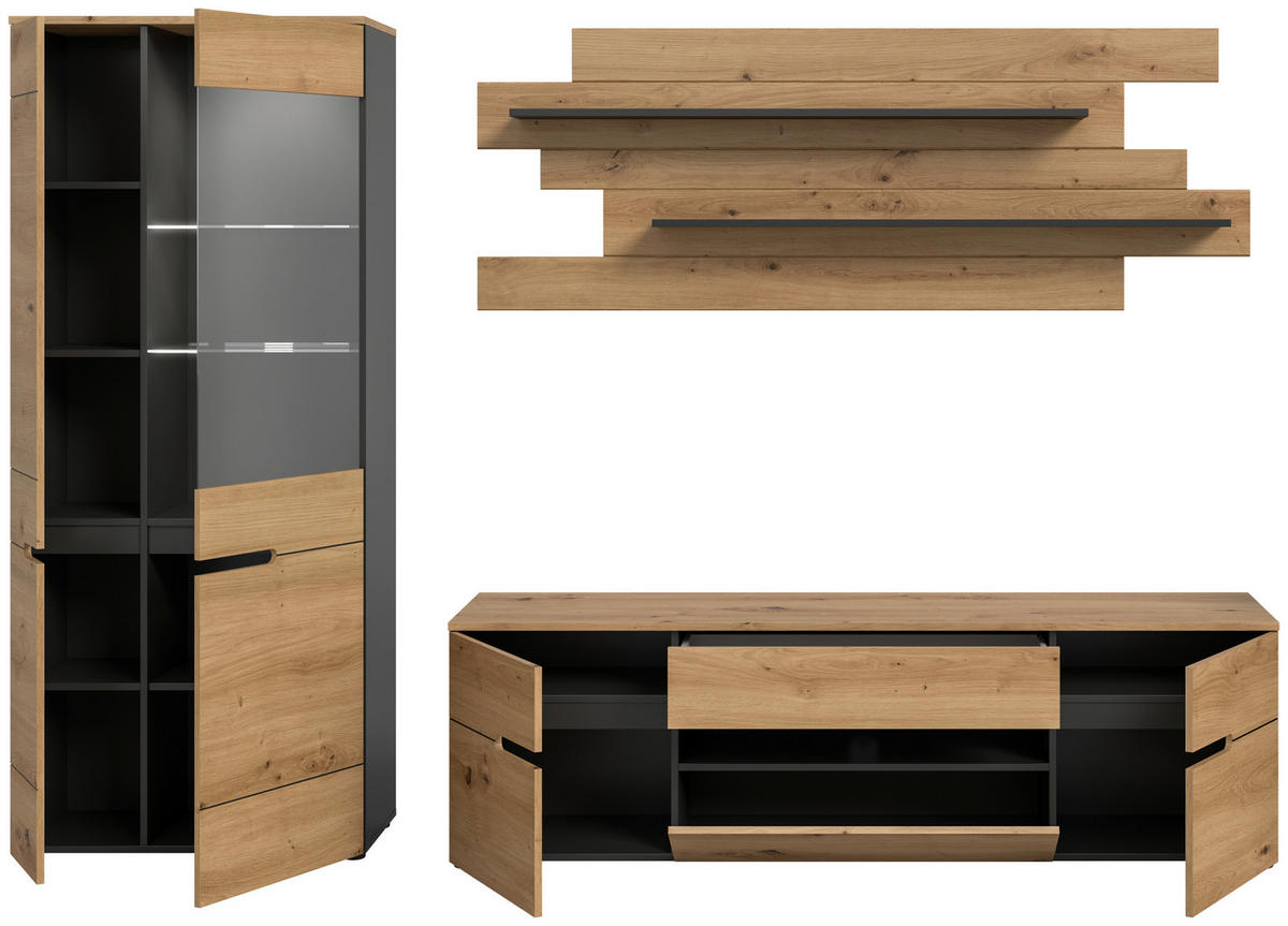 Wohnwand Canu basaltgrau Nachbildung Artisan Oak Nachbildung B/H/T: ca. 280x190x44 cm Canu - basaltgrau (280,00/190,00/44,00cm) - xonox.home