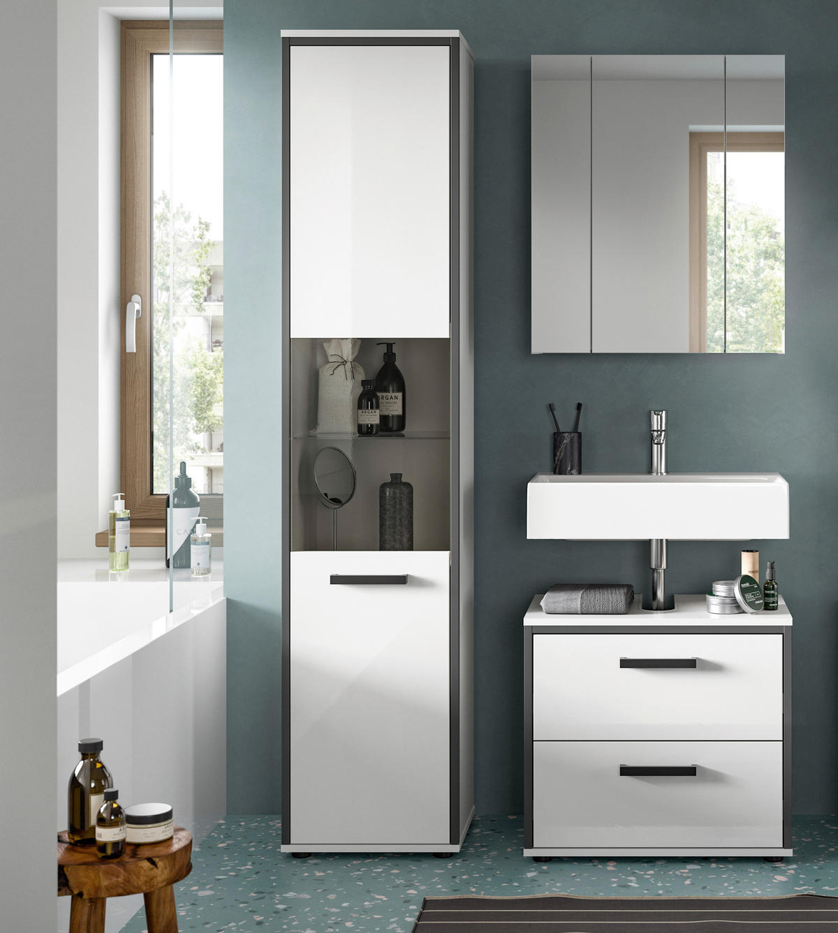 Badblock KOJAK weiß Hochglanz anthrazit grau B/H/T: ca. 115x188x37 cm KOJAK - weiß/anthrazit (115,00/188,00/37,00cm) - xonox.home