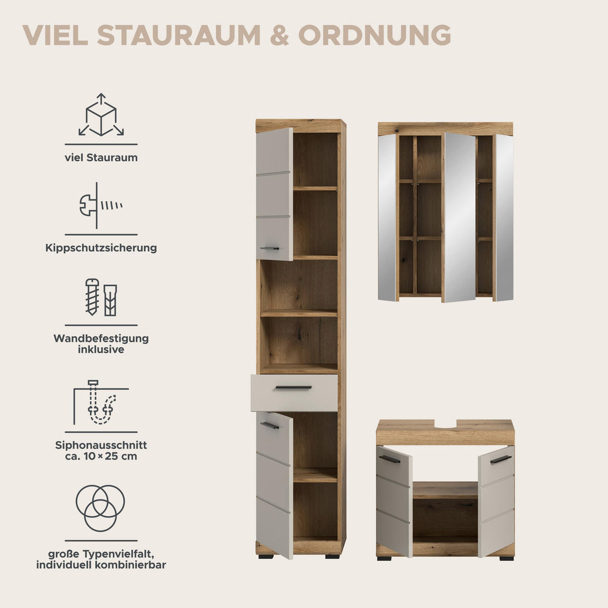 Badezimmer-Set Scout Evoke Oak Nachbildung Kaschmirgrau Nachbildung B/H/T: ca. 112x191x34 cm Scout - Kaschmirgrau (112,00/191,00/34,00cm) - xonox.home