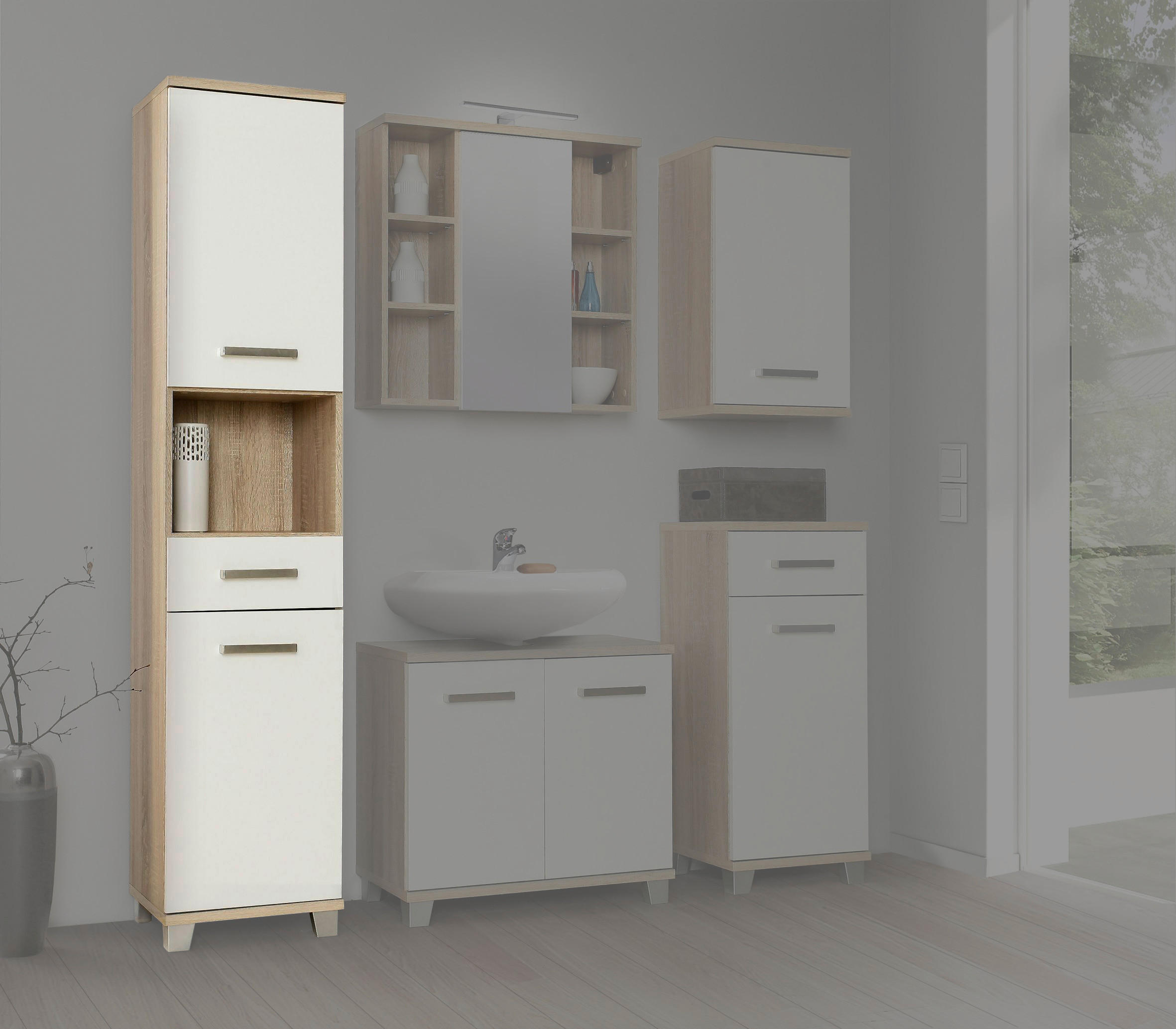 Badhochschrank  Eiche Sonoma Nachbildung weiß B/H/T: ca. 40,2x186,8x34,8 cm Veris_Badhochschrank VERS71-Q34 - Eiche/weiß (40,20/186,80/34,80cm)