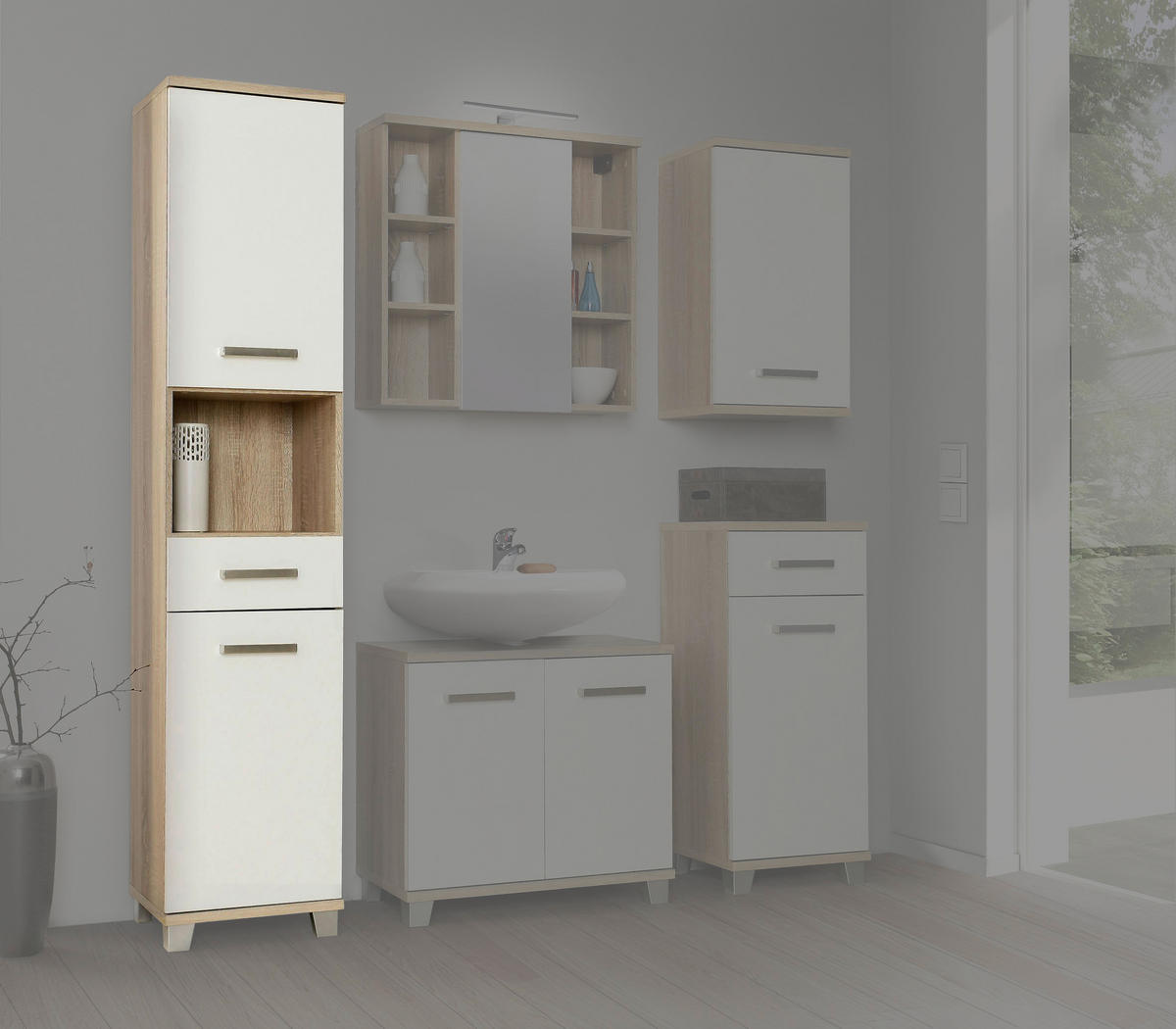 Badhochschrank  Eiche Sonoma Nachbildung weiß B/H/T: ca. 40,2x186,8x34,8 cm Veris_Badhochschrank VERS71-Q34 - Eiche/weiß (40,20/186,80/34,80cm)