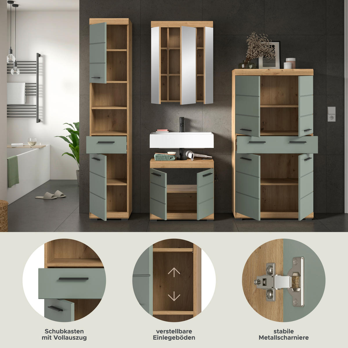 Badezimmer-Set Scout Eiche Artisan Nachbildung salbei Nachbildung B/H/T: ca. 186x191x34 cm Scout - Eiche/salbei (186,00/191,00/34,00cm) - xonox.home