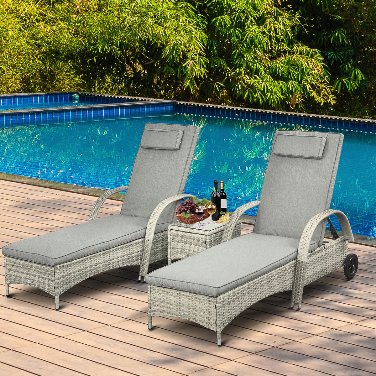 Outsunny Gartenliege-Set mit Tisch grau Polyrattan B/H/L: ca. 73x103x200 cm Gartenliege-Set mit Tisch - grau (200,00/73,00/103,00cm) - Outsunny
