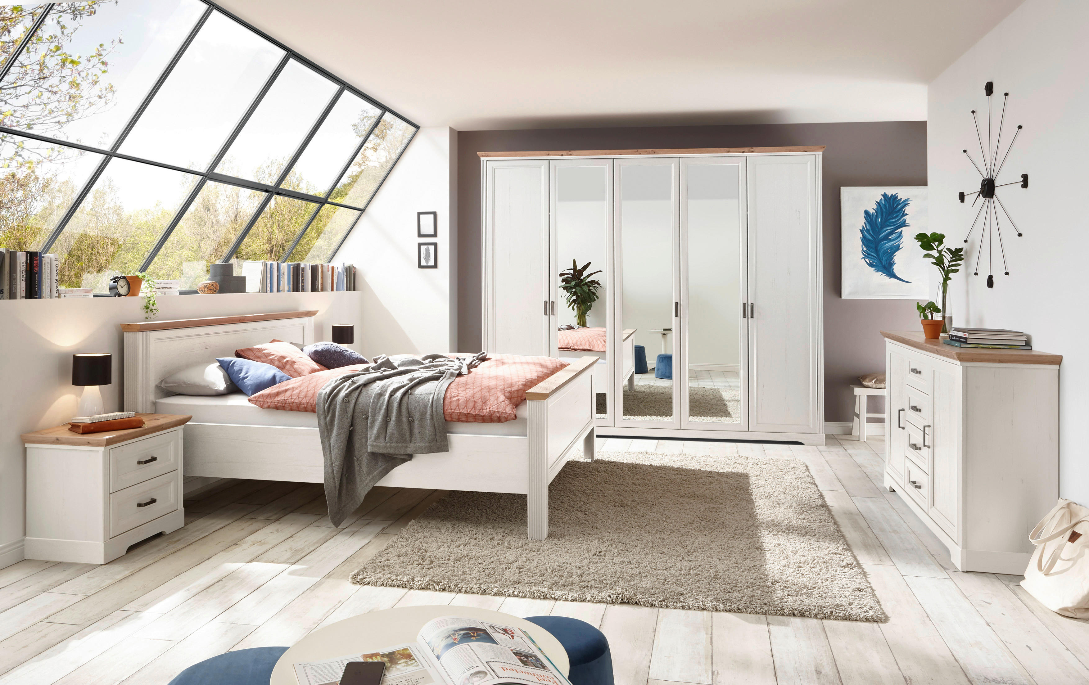 Bett Jasmin Eiche weiß B/H/T: ca. 205x98x215 cm Liegefläche B/L: ca. 180x200 cm Jasmin - Eiche/weiß (205,00/98,00/215,00cm)