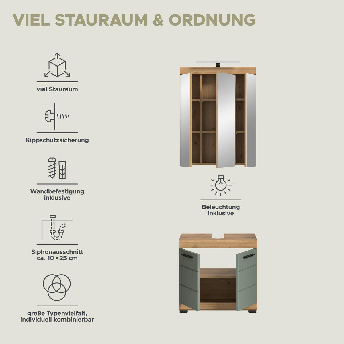 Badezimmer-Set Scout Eiche Artisan Nachbildung salbei Nachbildung B/H/T: ca. 60x191x34 cm Scout - Eiche/salbei (60,00/191,00/34,00cm) - xonox.home