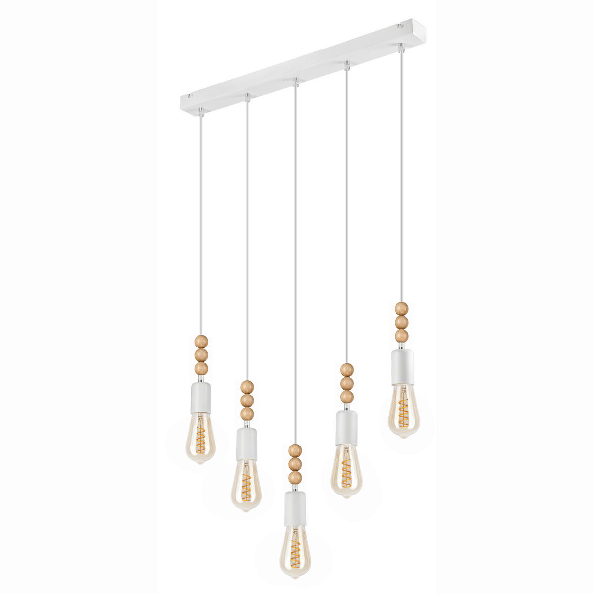 Lamkur Pendelleuchte SIMON 37332 weiß Stahl Holz H/L: ca. 94x60 cm E27 5 Brennstellen Simon - weiß (60,00cm) - Lamkur