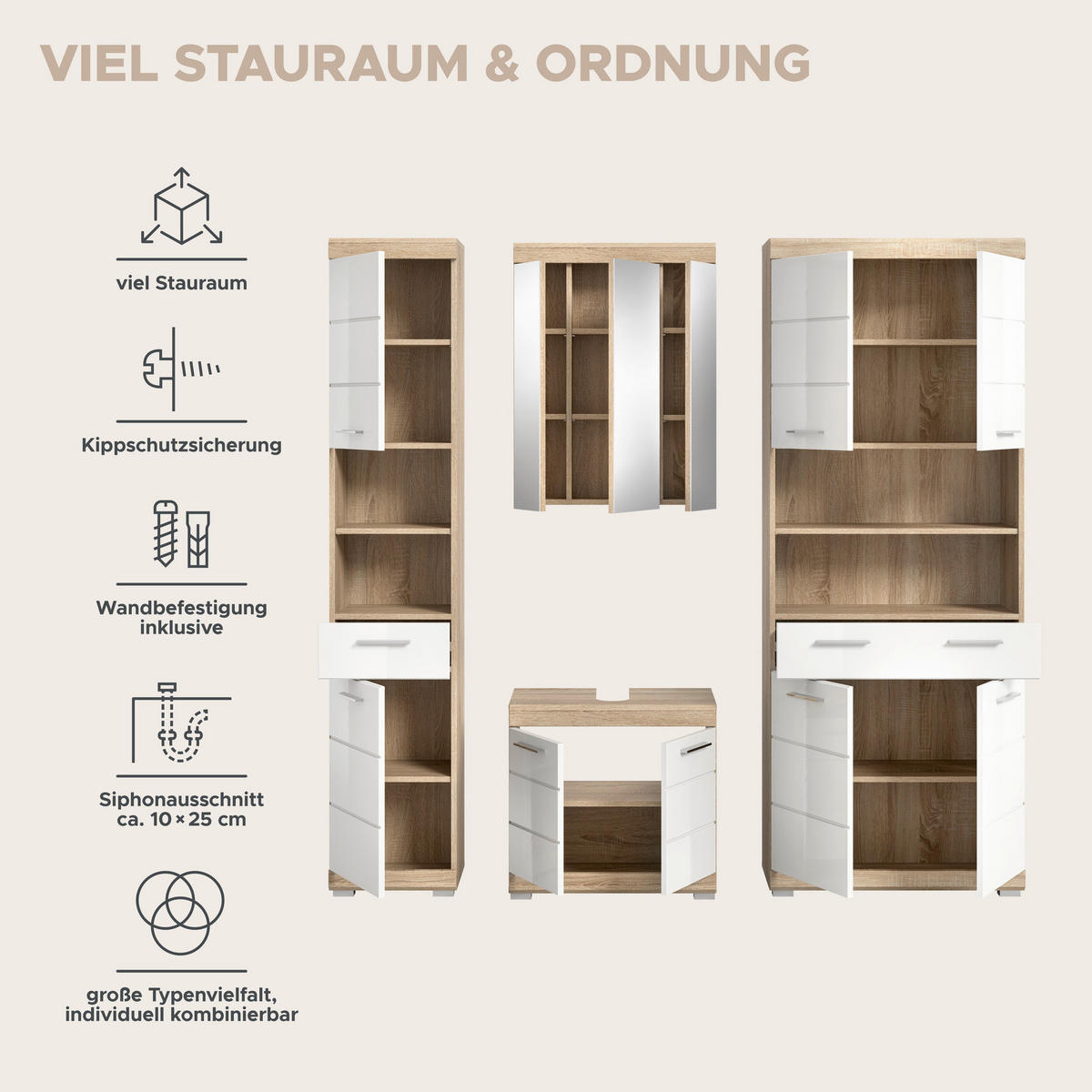 Badezimmer-Set Lambada Eiche Sonoma Nachbildung weiß Hochglanz B/H/T: ca. 186x191x34 cm Lambada - Eiche/weiß (186,00/191,00/34,00cm) - xonox.home
