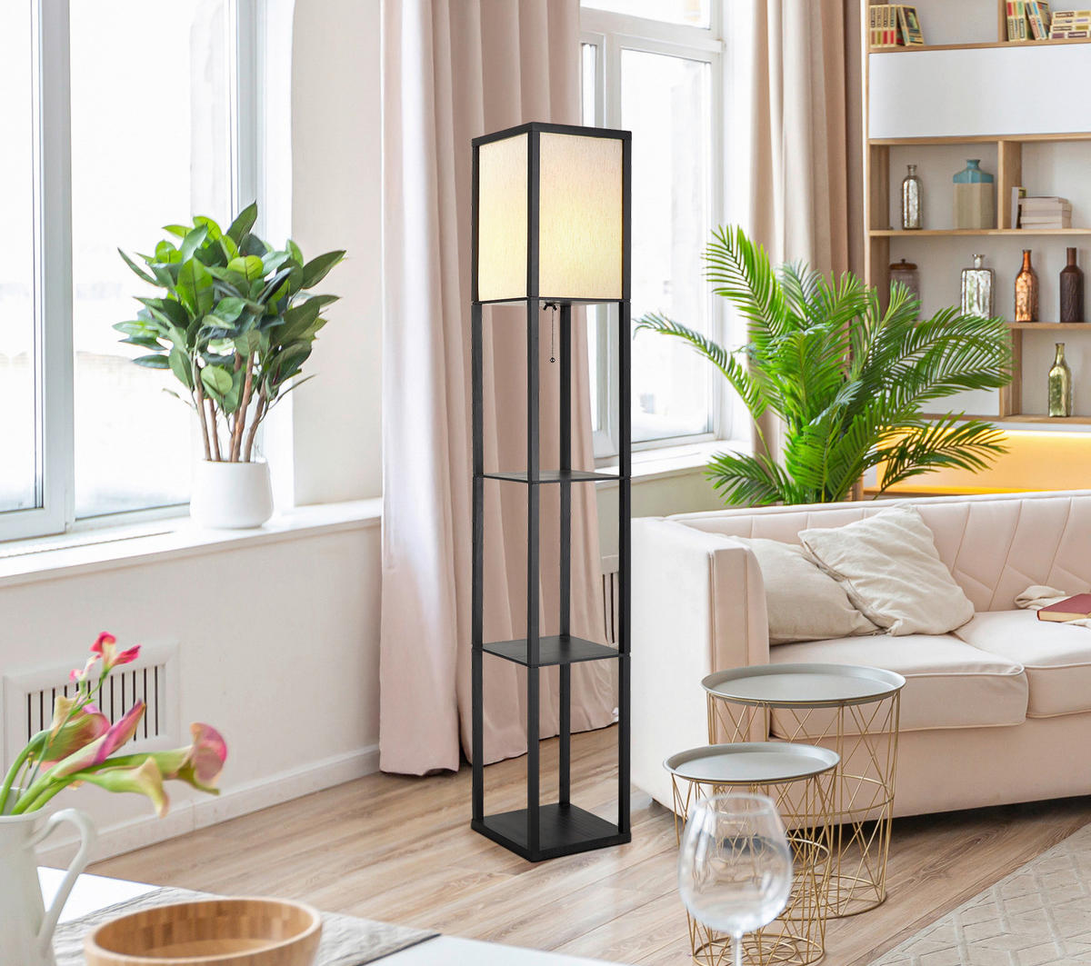 GLOBO Stehleuchte natur schwarz PVC Holz Textil B/H/L: ca. 26x159x26 cm E27 1 Brennstellen TABITHA - natur/schwarz (26,00/26,00/159,00cm) - GLOBO