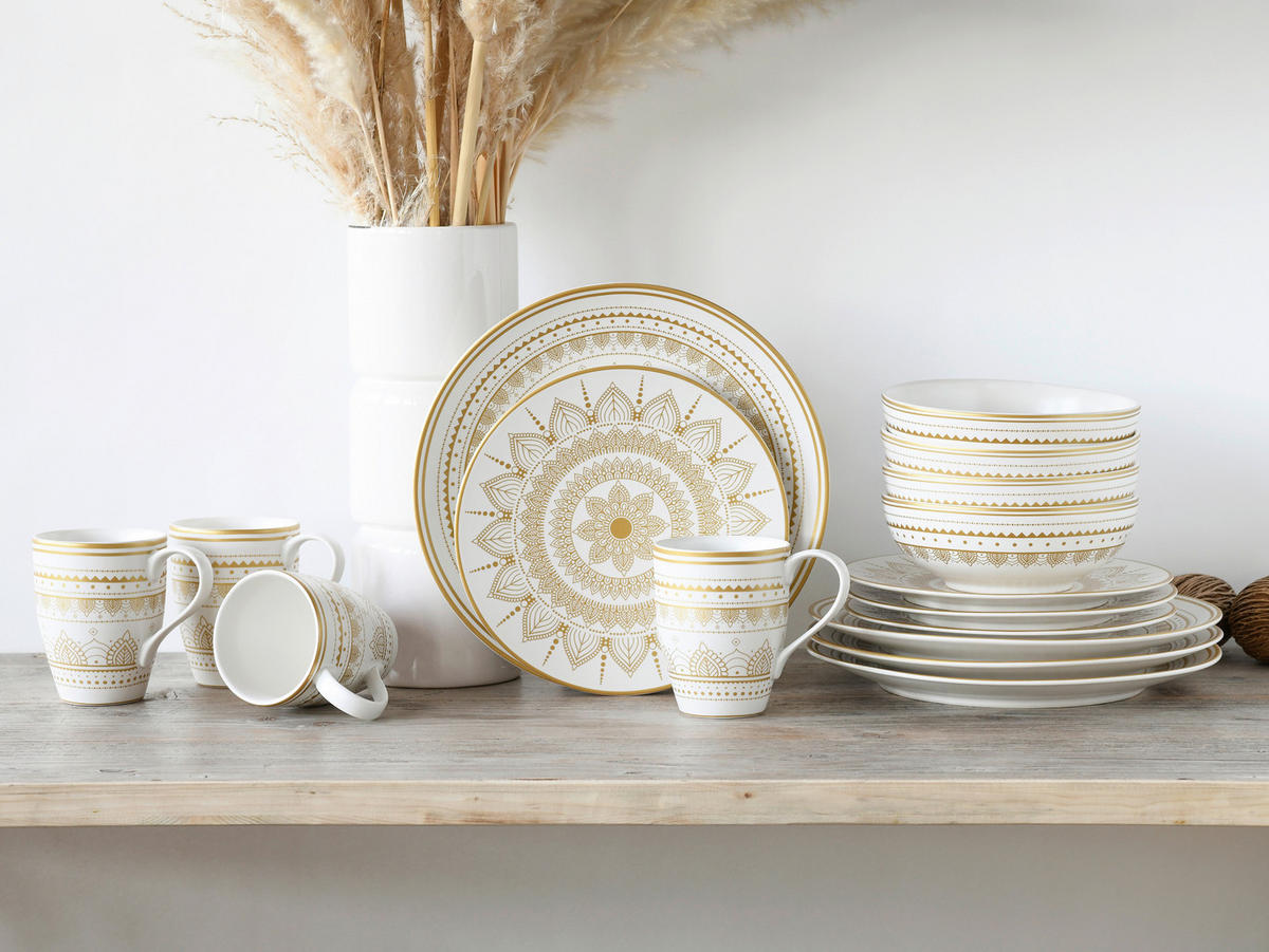 CreaTable Kombiservice MANDALA GOLD weiß Steinzeug 16 tlg. MANDALA GOLD - gold/weiß - CreaTable
