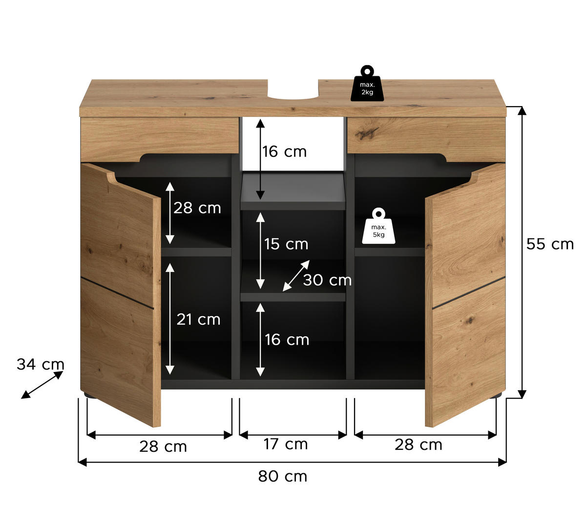 Waschbeckenunterschrank Canu Basalt Eiche Artisan Nachbildung B/H/T: ca. 80x55x34 cm Canu - Eiche/Basalt (80,00/55,00/34,00cm) - xonox.home