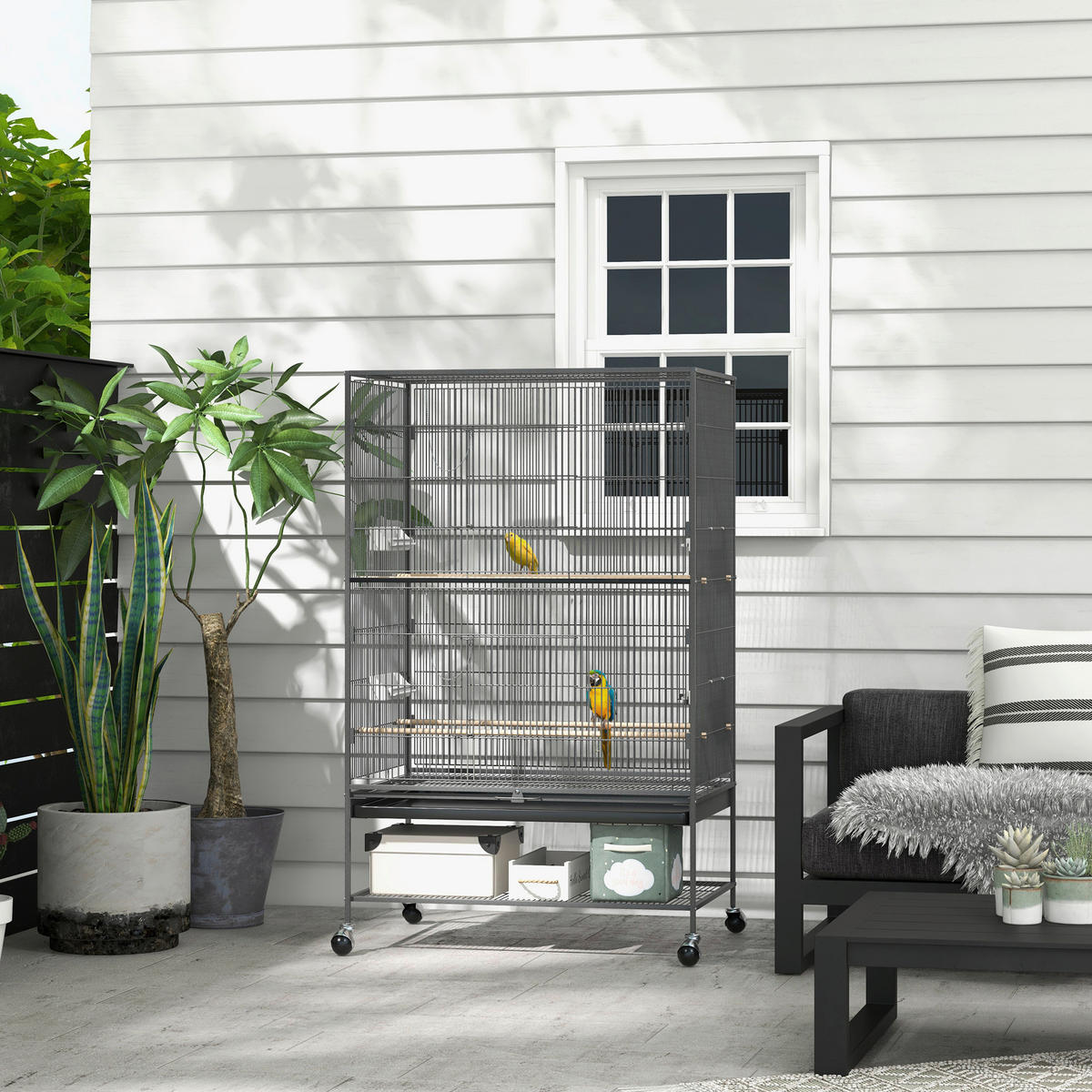 PawHut Tier-Zubehör grau Kunststoff B/H/L: ca. 57x94x153 cm Vogelkäfig - grau (153,00/57,00/94,00cm) - PawHut