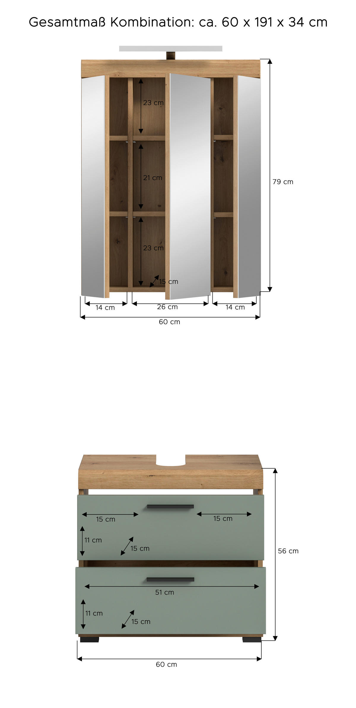 Badezimmer-Set Scout Eiche Artisan Nachbildung salbei Nachbildung B/H/T: ca. 60x191x37 cm Scout - Eiche/salbei (60,00/191,00/37,00cm) - xonox.home