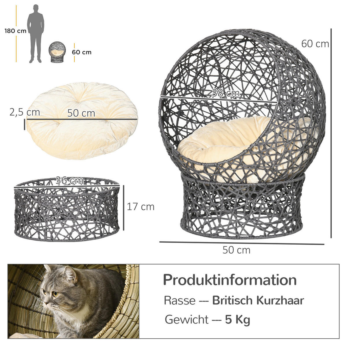 PawHut Katzenkorb cremeweiß Baumwolle B/H/L: ca. 50x60x50 cm Katzenkorb - cremeweiß/violett (50,00/50,00/60,00cm) - PawHut