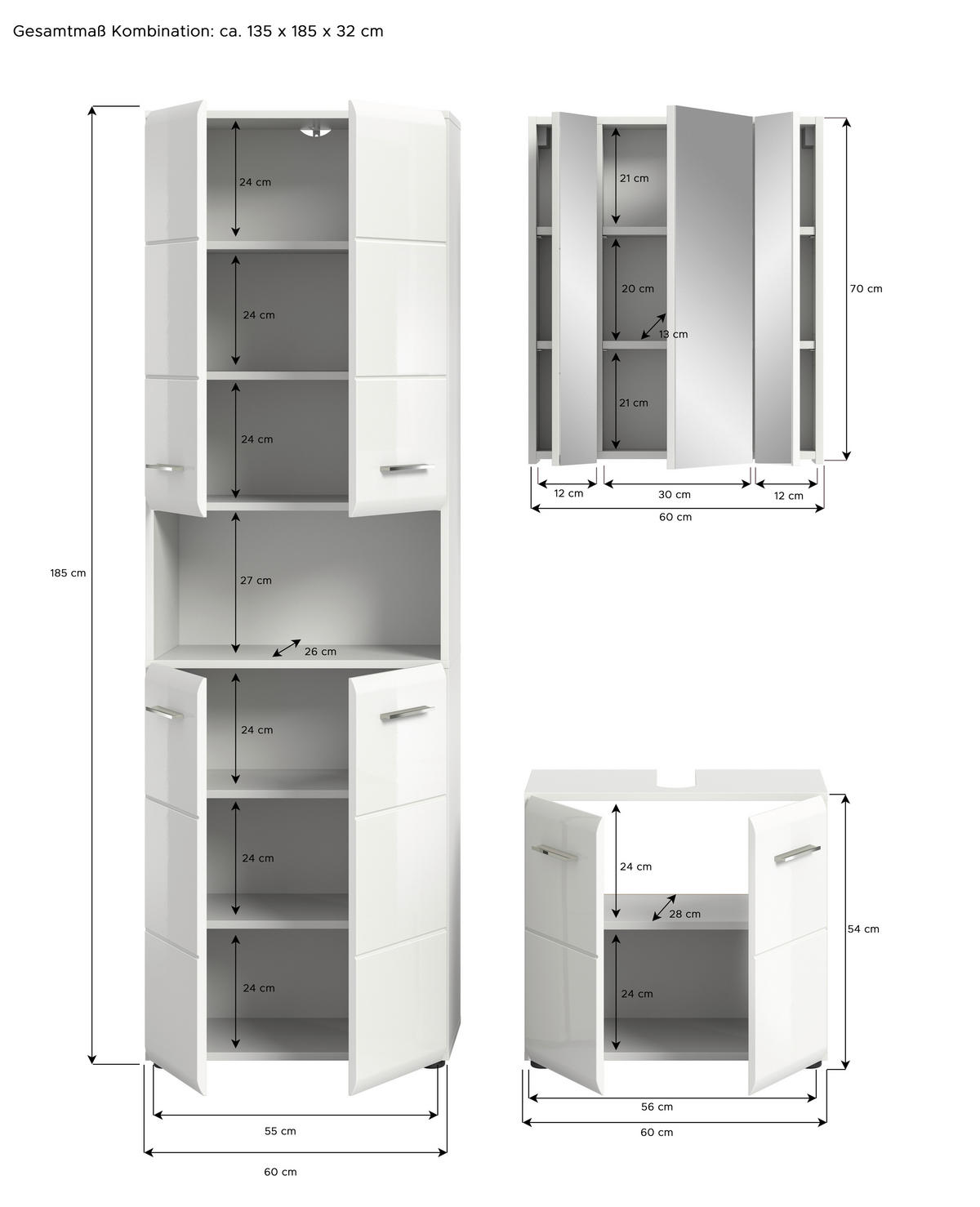 Badezimmer-Set ICE weiß weiß Hochglanz B/H/T: ca. 135x190x32 cm ICE - weiß (135,00/190,00/32,00cm) - xonox.home