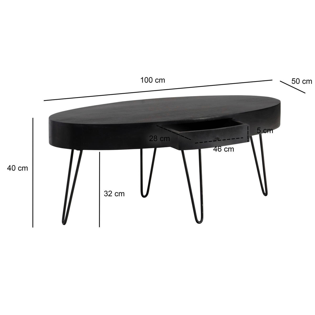 Couchtisch schwarz B/H/T: ca. 100x40x50 cm Couchtisch - schwarz (100,00/40,00/50,00cm) - Wohnling