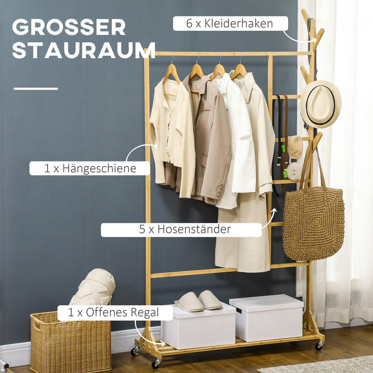 HOMCOM Kleiderständer natur Polypropylen B/H/L: ca. 37x100x191 cm Kleiderständer - natur (191,00/37,00/100,00cm) - HOMCOM