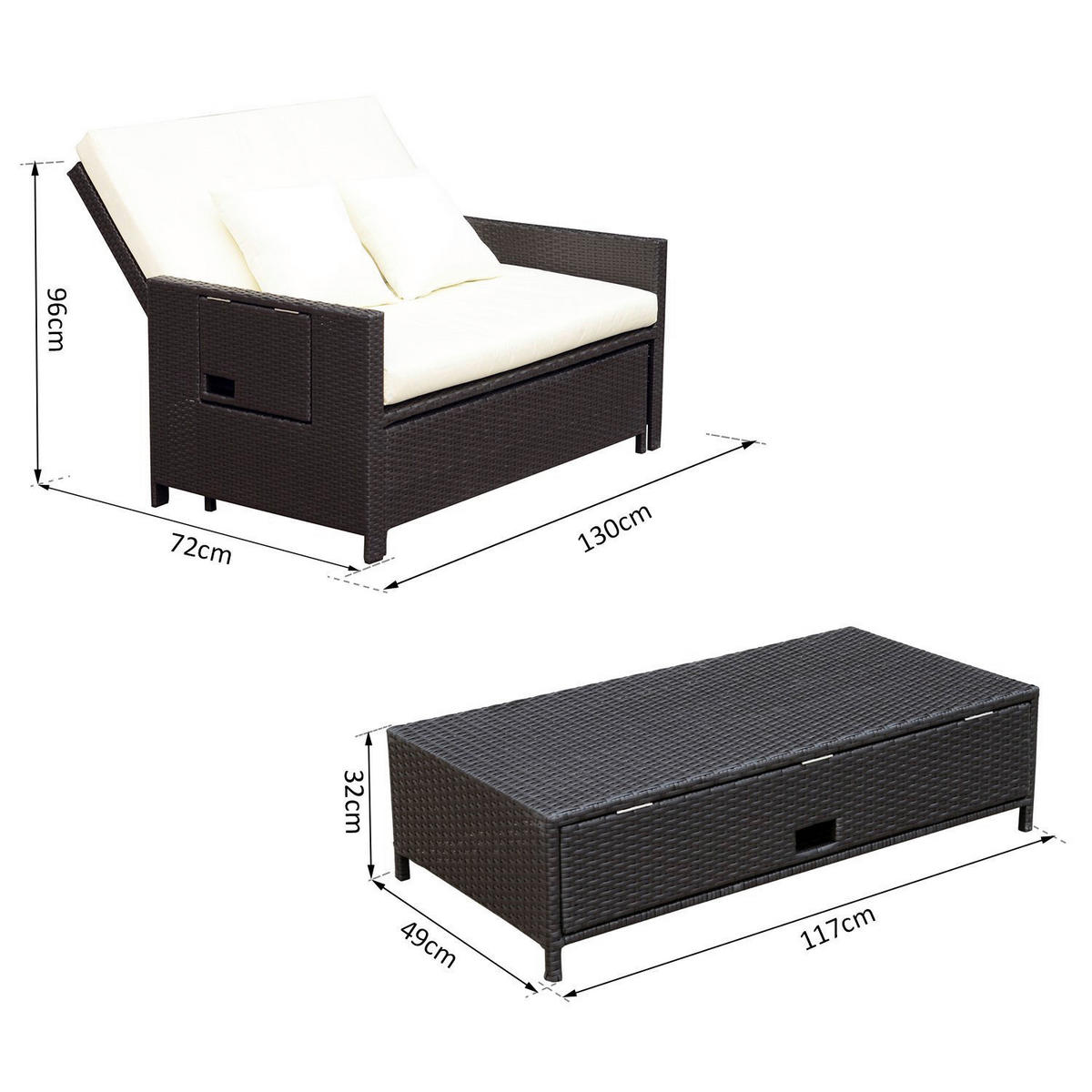 Outsunny Lounge-Sof dunkelbraun Polyrattan B/H/L: ca. 72x96x130 cm Lounge-Sofa - dunkelbraun/creme (130,00/72,00/96,00cm) - Outsunny
