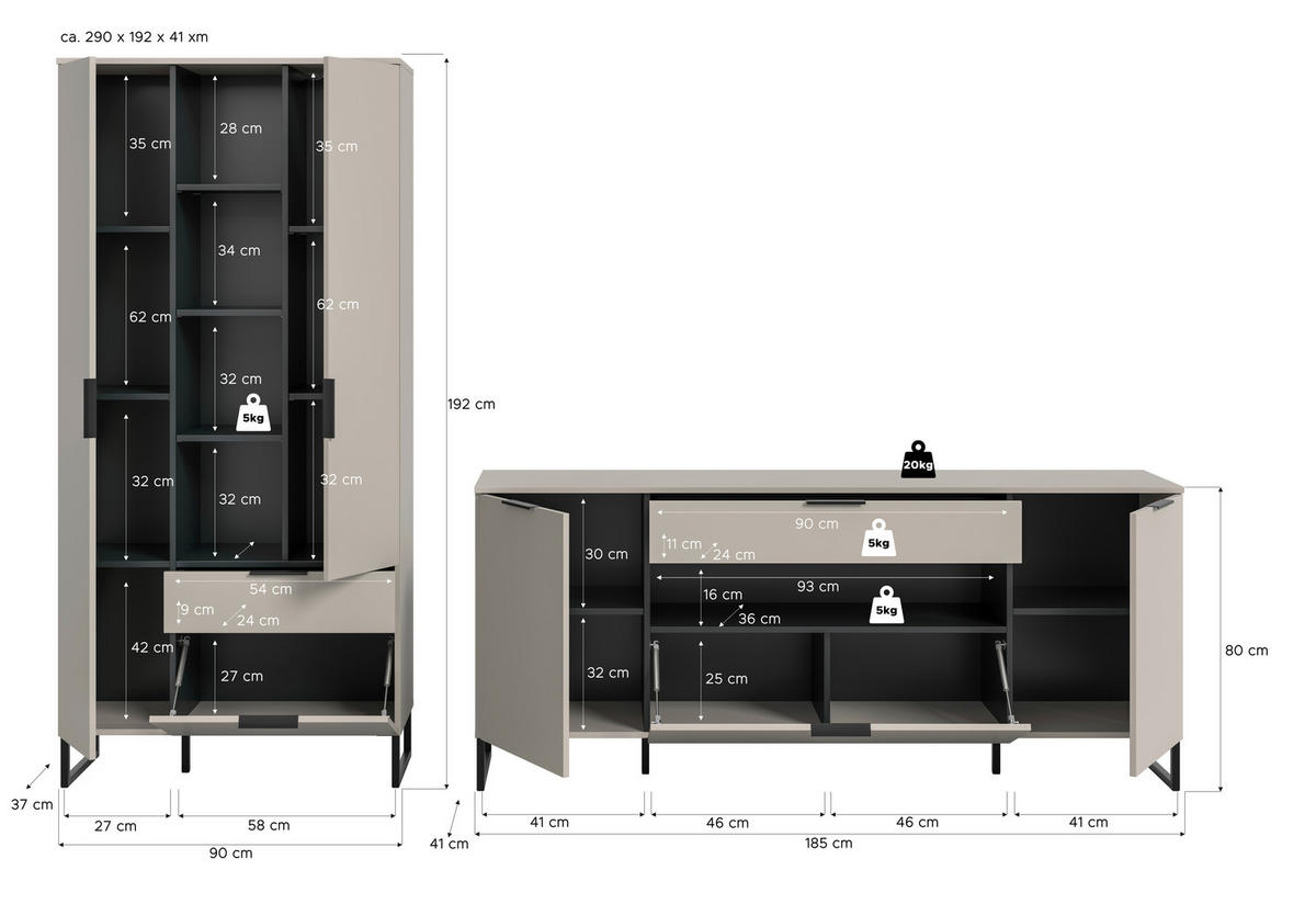 Wohnwand Noida Kaschmirgrau Nachbildung schwarz B/H/T: ca. 240x192x41 cm Noida - schwarz (240,00/192,00/41,00cm) - xonox.home