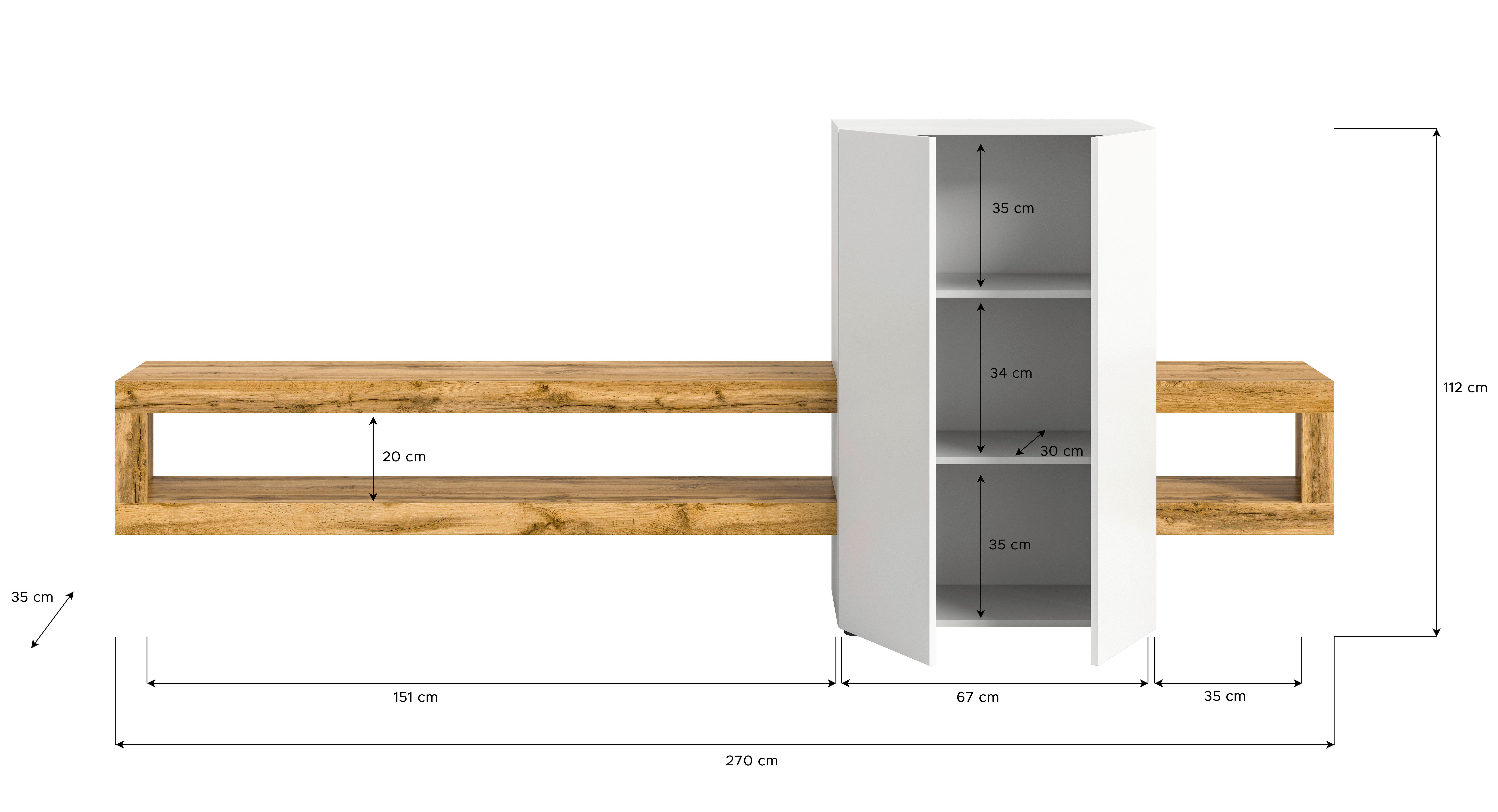 Wohnwand Samba weiß Eiche Wotan Nachbildung B/H/T: ca. 270x112x35 cm Samba - Eiche/weiß (270,00/112,00/35,00cm) - xonox.home