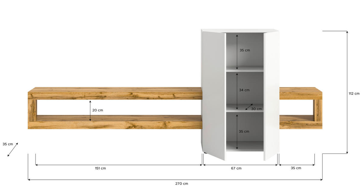 Wohnwand Samba weiß Eiche Wotan Nachbildung B/H/T: ca. 270x112x35 cm Samba - Eiche/weiß (270,00/112,00/35,00cm) - xonox.home