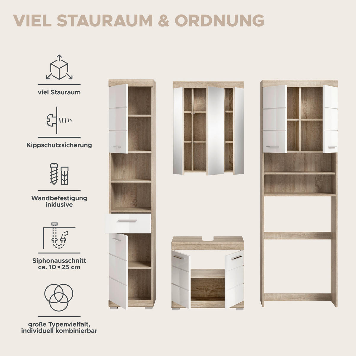Badezimmer-Set Lambada Eiche Sonoma Nachbildung weiß Hochglanz B/H/T: ca. 190x191x34 cm Lambada - Eiche/weiß (190,00/191,00/34,00cm) - xonox.home
