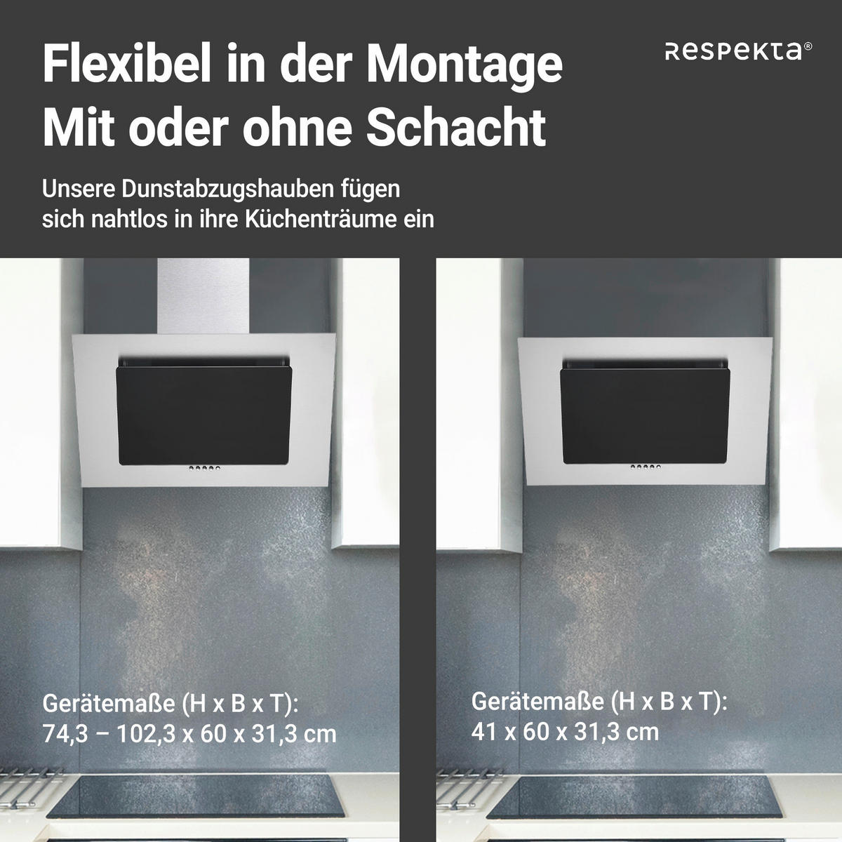 Respekta Dunstabzugshaube CH2060SBM Edelstahl B/H/T: ca. 60x74,3x31,3 cm CH2060SBM - schwarz/Edelstahl (60,00/74,30/31,30cm) - Respekta