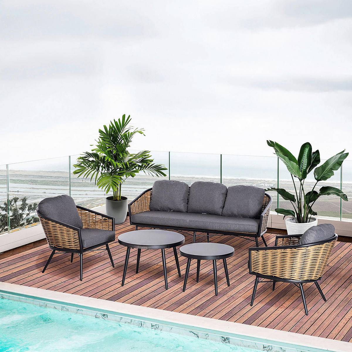 Outsunny Sitzgruppe natur Aluminium B/H/L: ca. 77x187x77 cm Gartenmöbel_Set - natur (77,00/77,00/187,00cm) - Outsunny