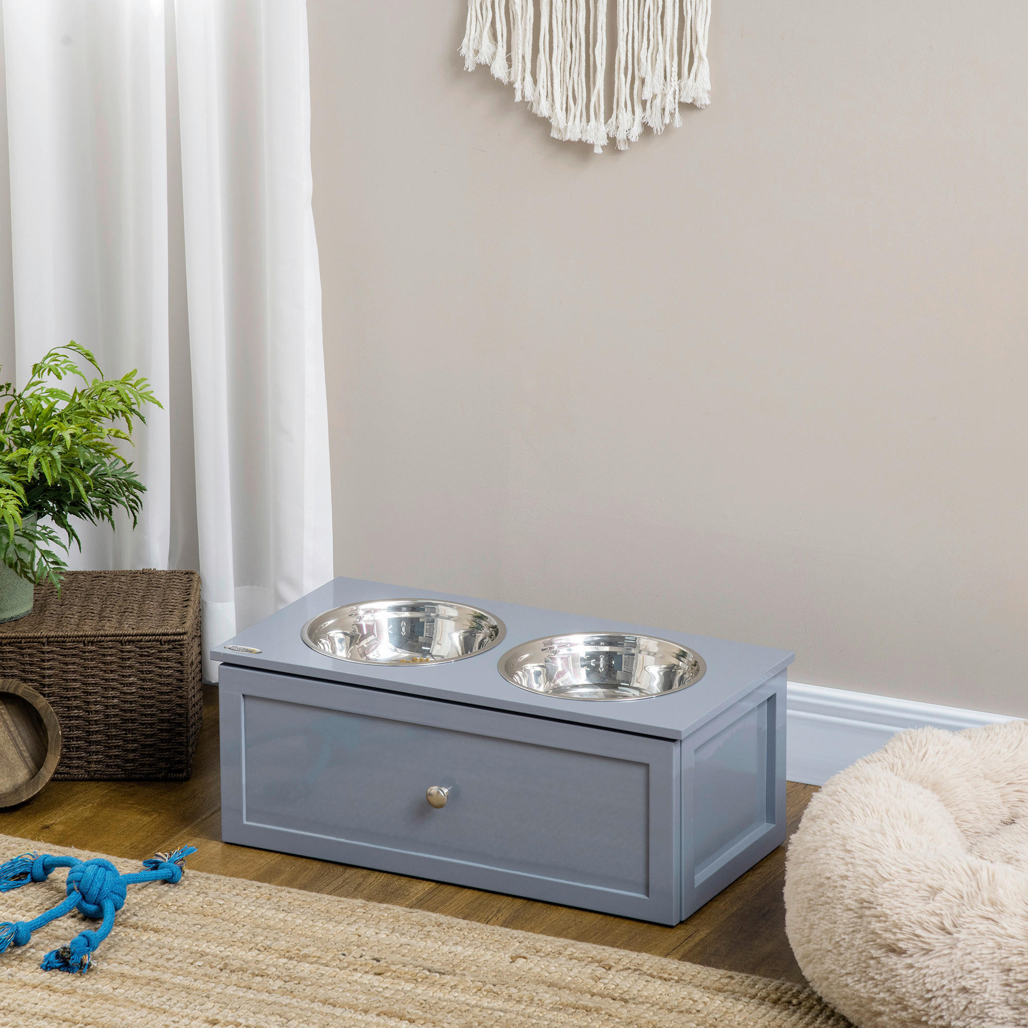 PawHut Hunde-Zubehör grau MDF B/H/L: ca. 30x60x24 cm Hundenapf - grau (24,00/30,00/60,00cm) - PawHut