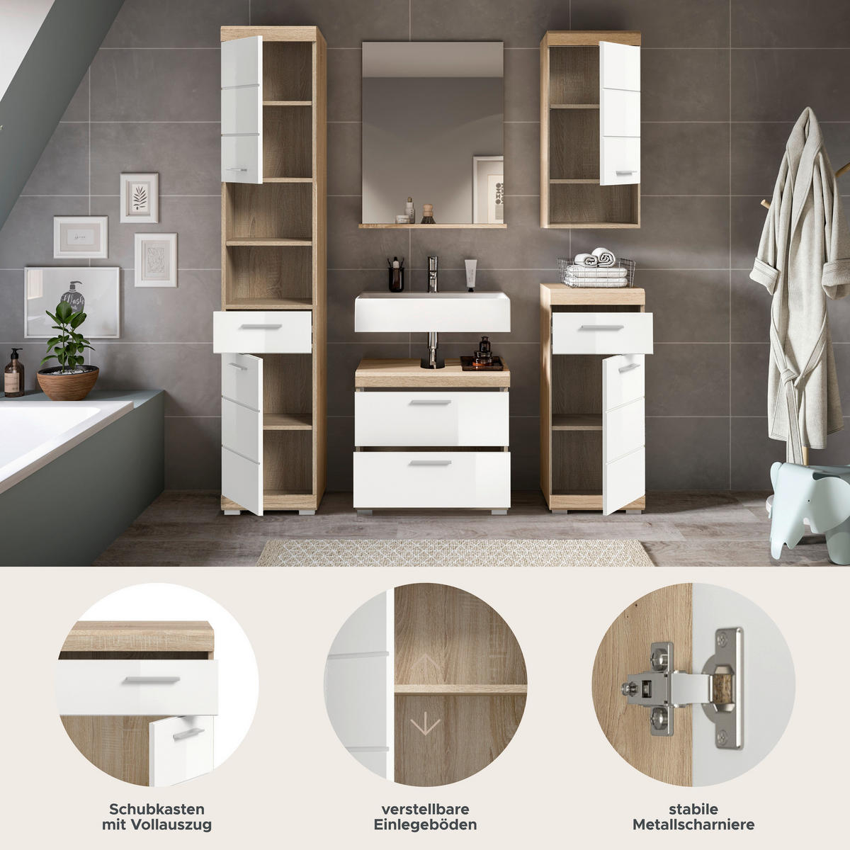 Badezimmer-Set Lambada Eiche Sonoma Nachbildung weiß Hochglanz B/H/T: ca. 164x191x37 cm Lambada - Eiche/weiß (164,00/191,00/37,00cm) - xonox.home