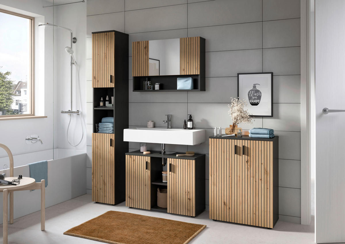 Badezimmer-Set Mone Basalt Nachbildung Artisan Oak Nachbildung B/H/T: ca. 155x180x30 cm Mone - Basalt (155,00/180,00/30,00cm) - xonox.home