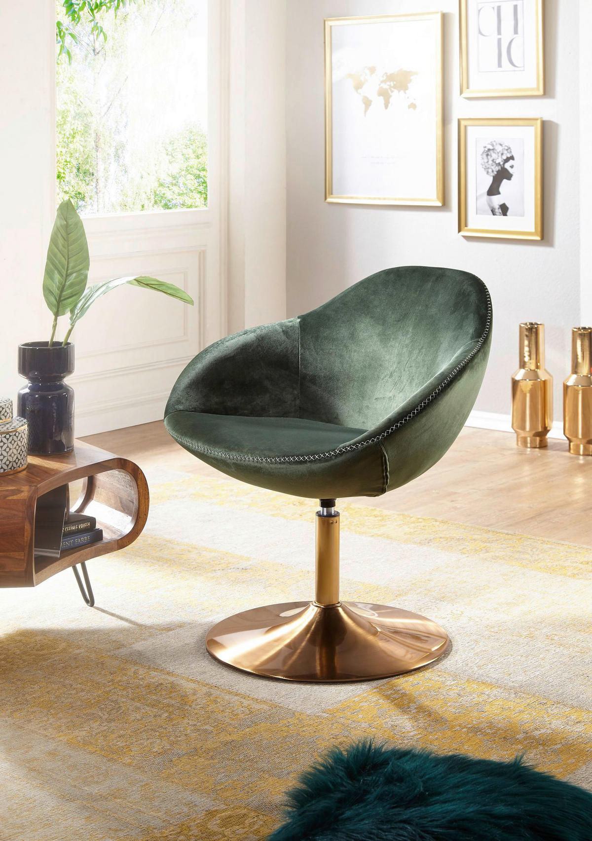 Wohnling Sessel grün gold Stoff Eisen B/H/T: ca. 70x79x70 cm Loungesessel - gold/grün (70,00/79,00/70,00cm) - Wohnling