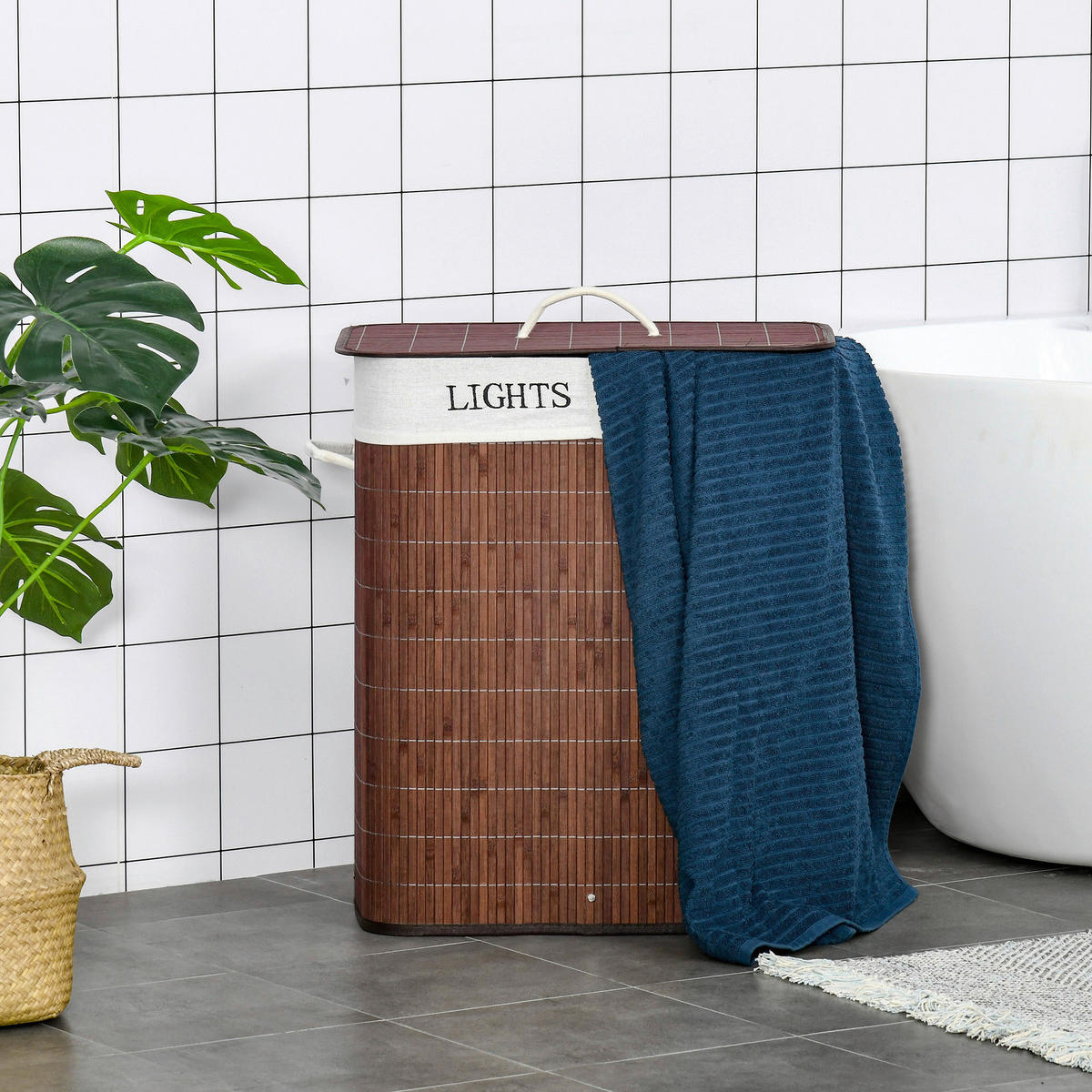 HOMCOM Wäschekorb weiß B/H/L: ca. 32x52x63 cm Wäschekorb - braun/weiß (63,00/32,00/52,00cm) - HOMCOM