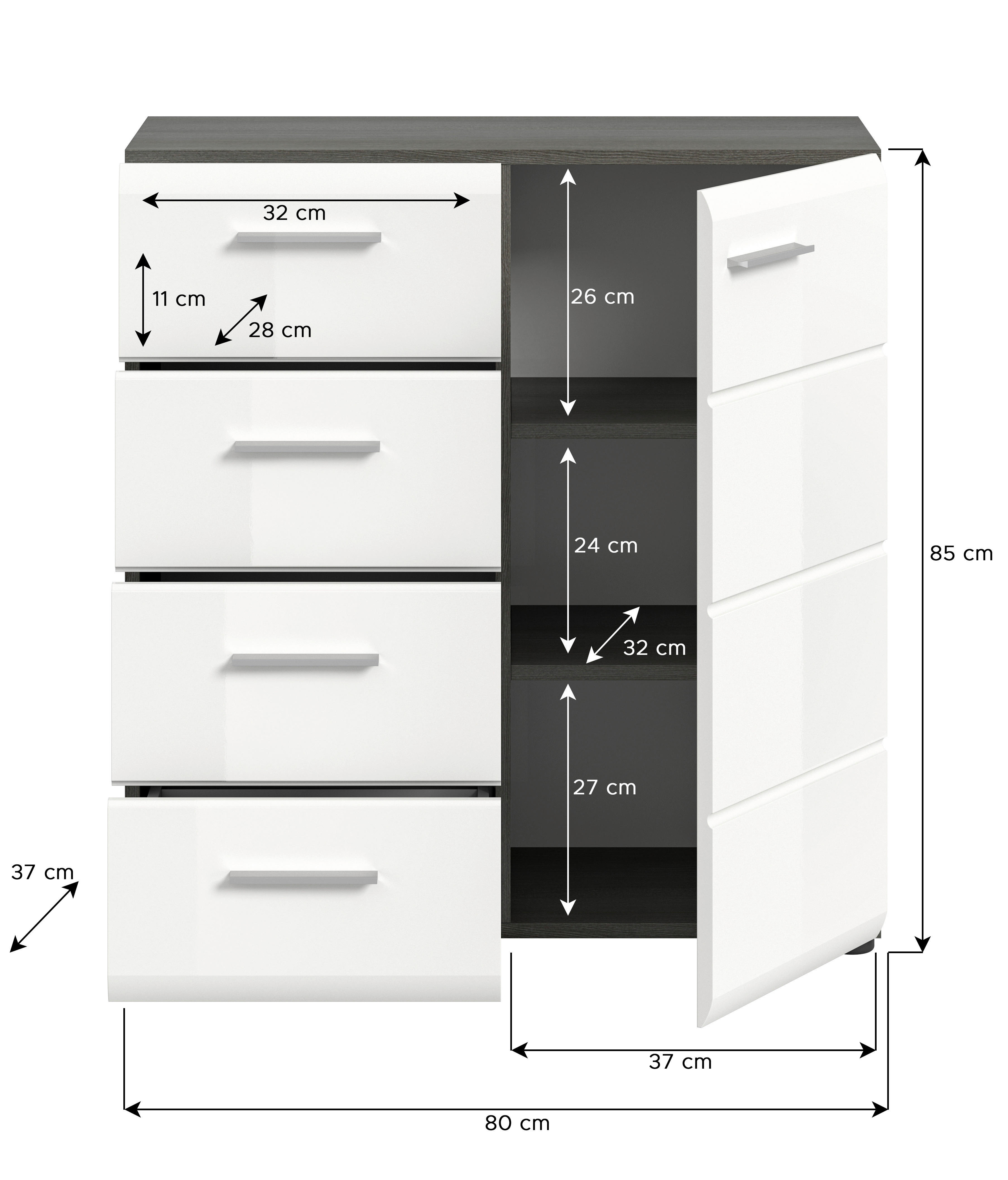 Kommode SALSA Rauchsilber Nachbildung weiß Hochglanz B/H/T: ca. 75x85x37 cm SALSA - weiß (75,00/85,00/37,00cm) - xonox.home