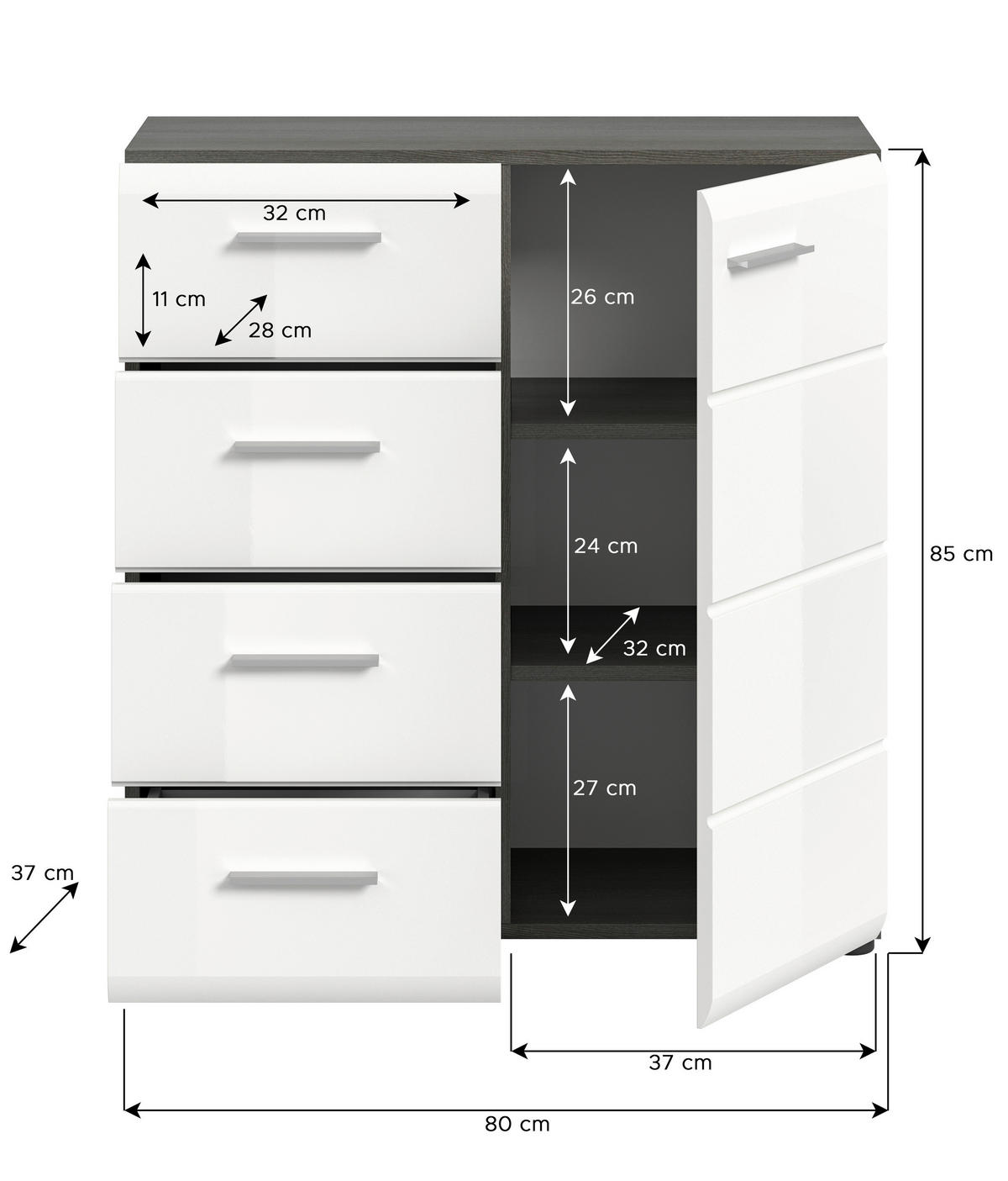 Kommode SALSA Rauchsilber Nachbildung weiß Hochglanz B/H/T: ca. 75x85x37 cm SALSA - weiß (75,00/85,00/37,00cm) - xonox.home