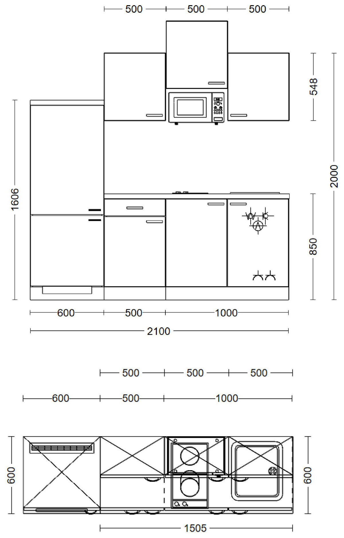 Flex-Well Küchenblock Morena Basalt matt B/H/T: ca. 210x226x60 cm Morena - Eiche/Basalt (210,00/226,00/60,00cm) - Flex-Well