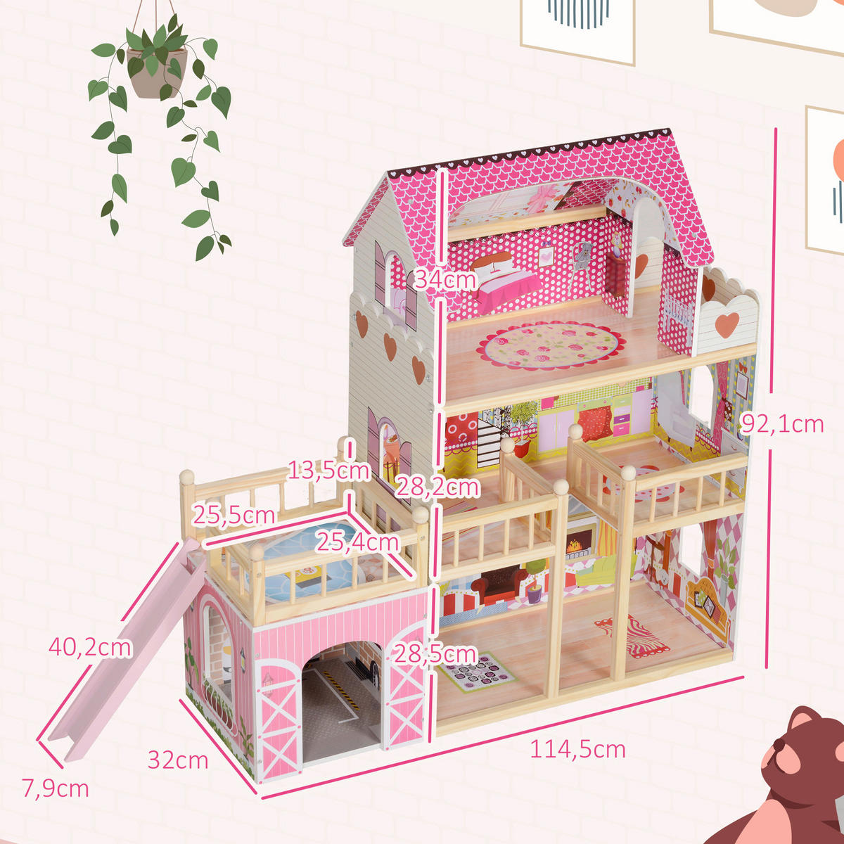 AIYAPLAY Puppenhaus rosa Kiefer B/H/L: ca. 32x92,1x114,5 cm Puppenhaus - rosa (114,50/32,00/92,10cm) - AIYAPLAY