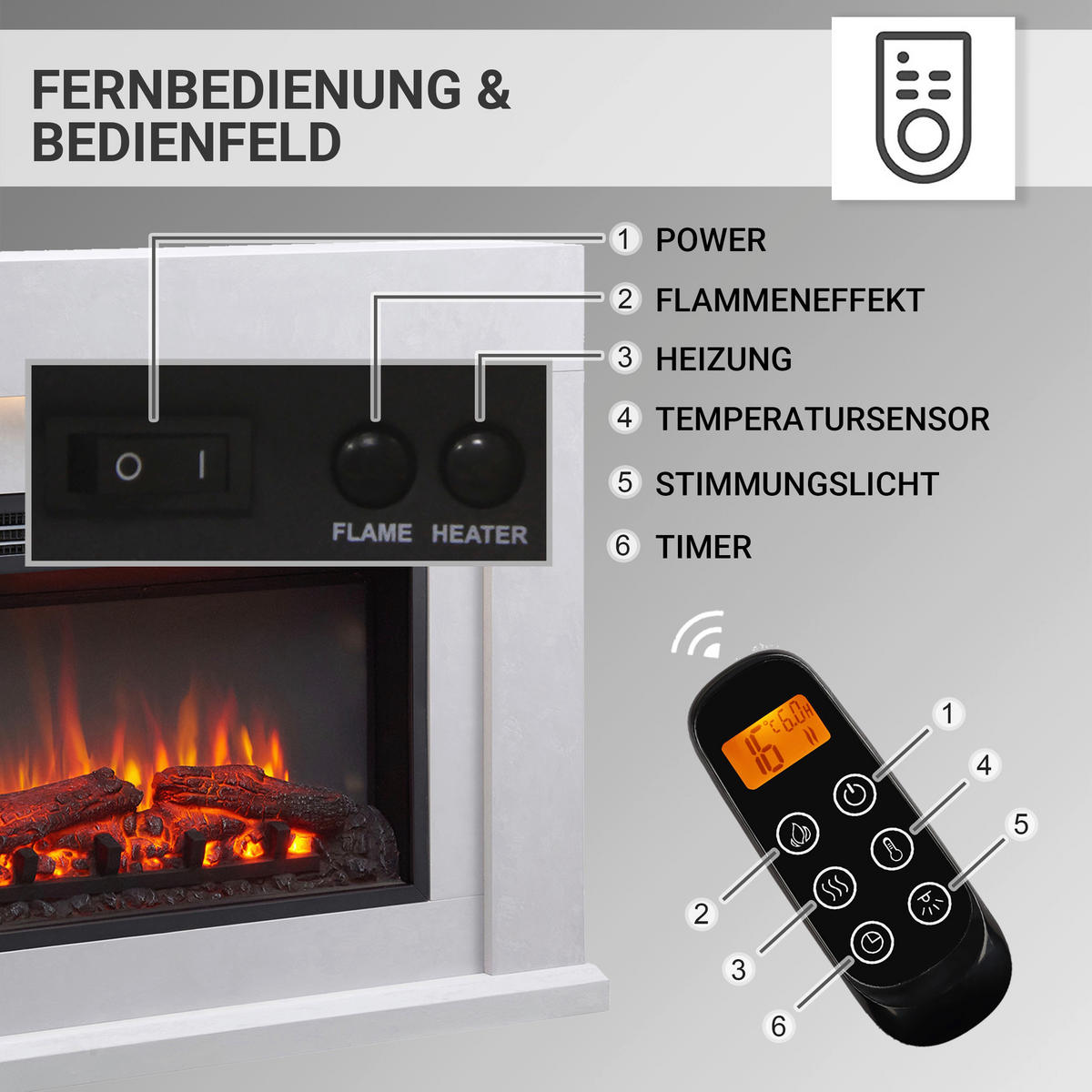 Balderia Elektrischer-Kamin Apollon EF378A-MT378B-CG Beton B/H/T: ca. 80x98x22 cm ca. 2000 W Elektro-Kamin Apollon - Beton (80,00/98,00/22,00cm) - Balderia