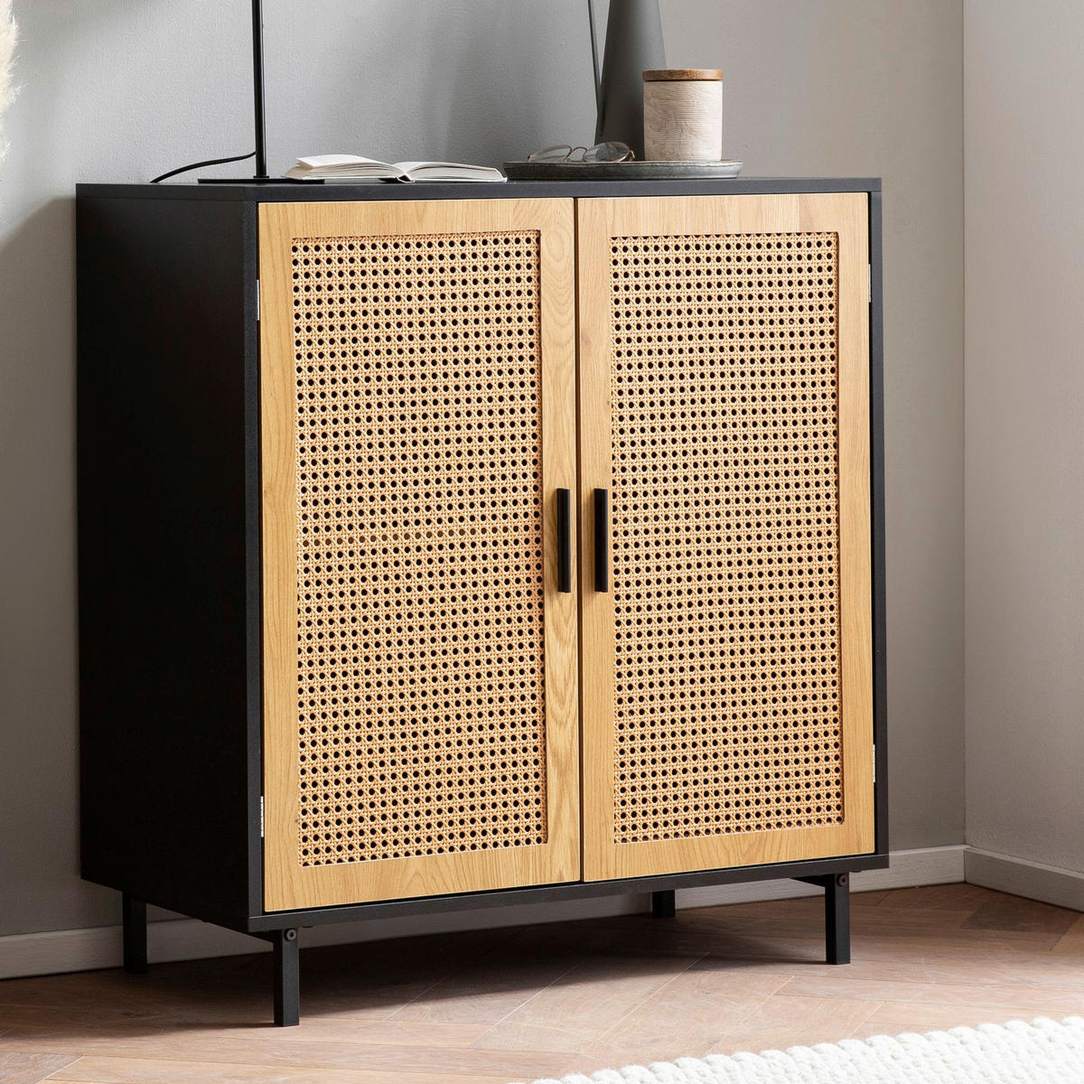 Sideboard schwarz Eiche Optik B/H/T: ca. 80x86,5x40 cm Sideboard - schwarz (80,00/86,50/40,00cm) - Wohnling