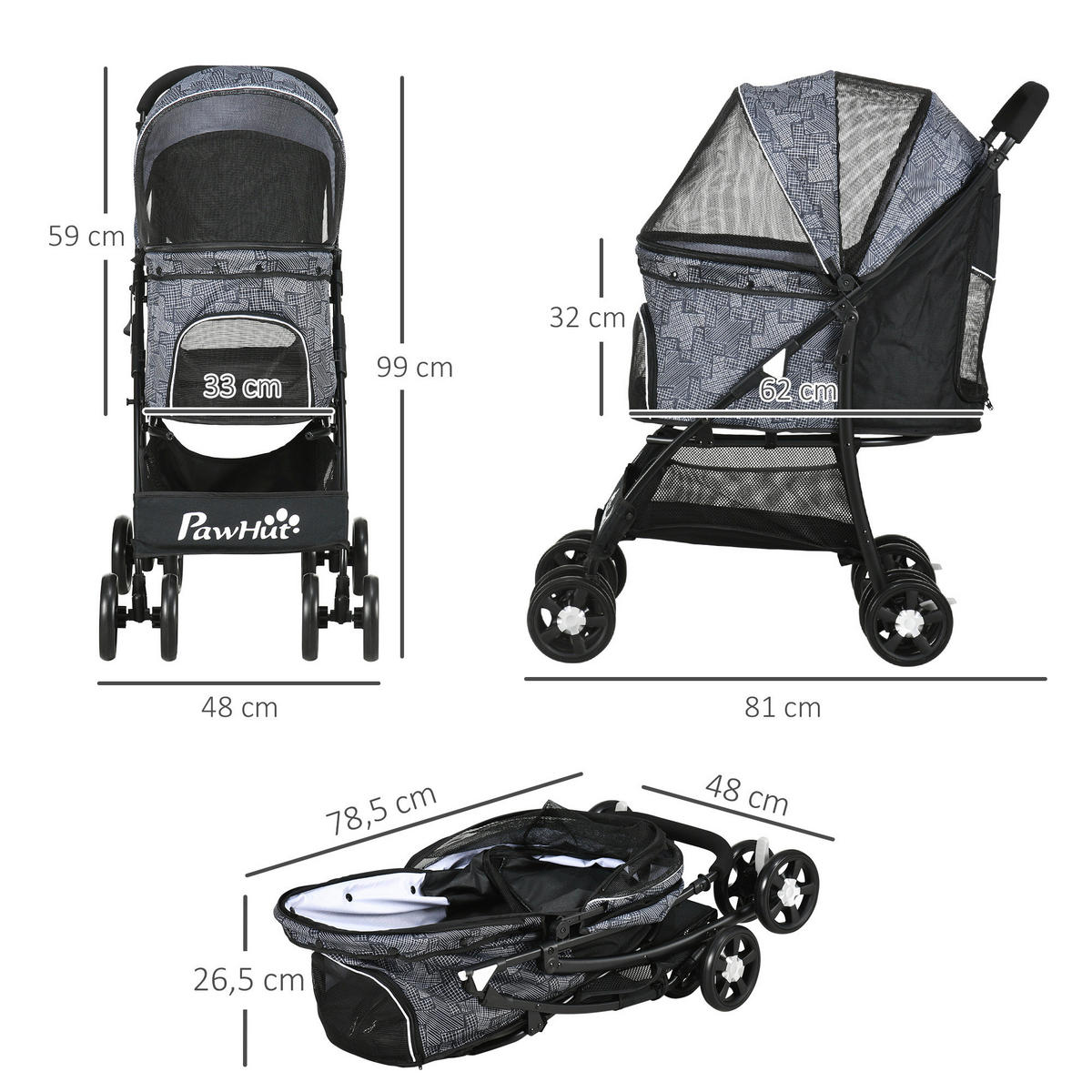 PawHut Hunde-Zubehör schwarz Polyester B/H/L: ca. 48x81x99 cm Hundetrolley - schwarz (99,00/48,00/81,00cm) - PawHut