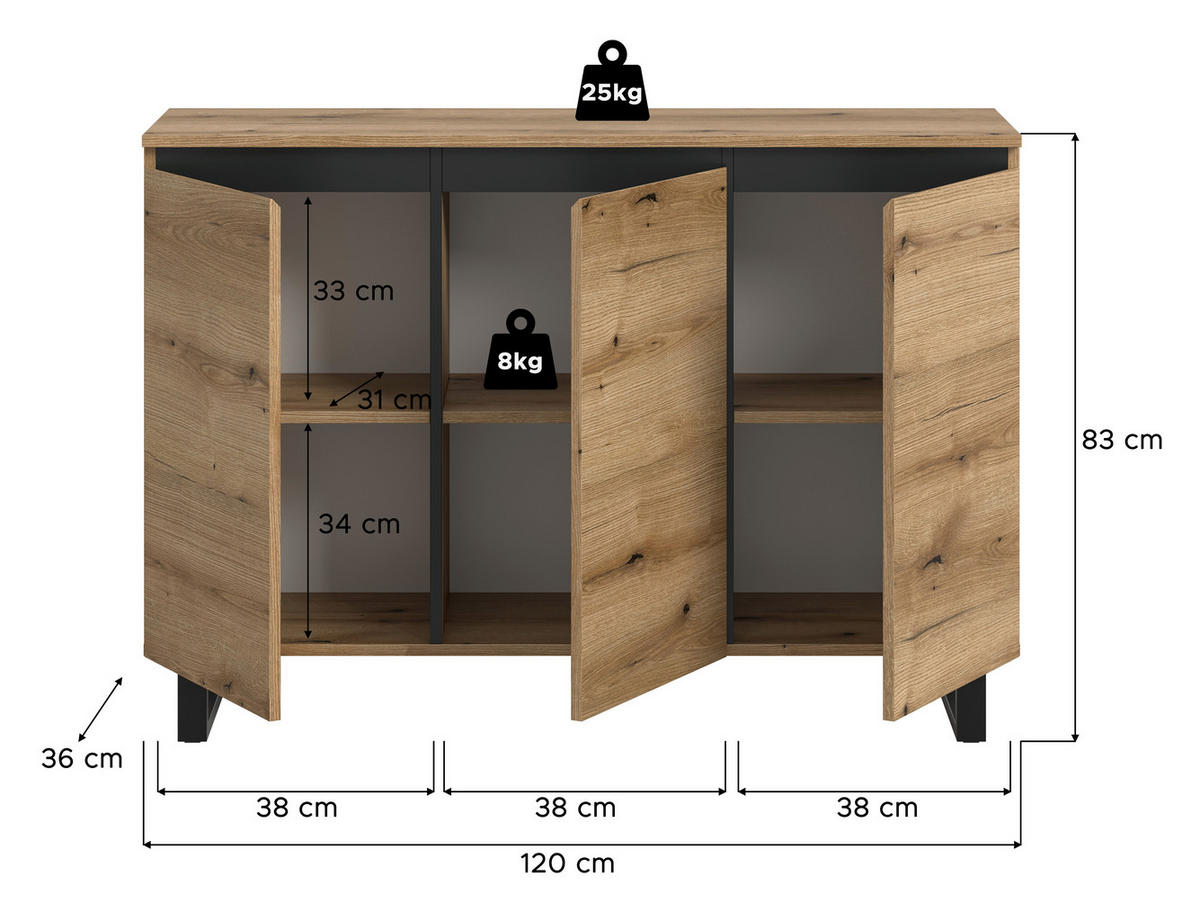 Sideboard Tomasa Evoke Oak Nachbildung schwarz B/H/T: ca. 120x84x36 cm Tomasa - schwarz (120,00/84,00/36,00cm) - xonox.home
