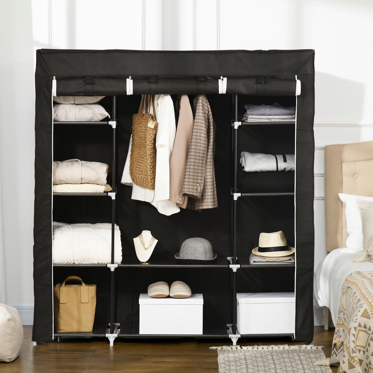 HOMCOM Kleiderschrank schwarz Edelstahl B/H/L: ca. 43x150x162,5 cm Stoffschrank - schwarz (162,50/43,00/150,00cm) - HOMCOM