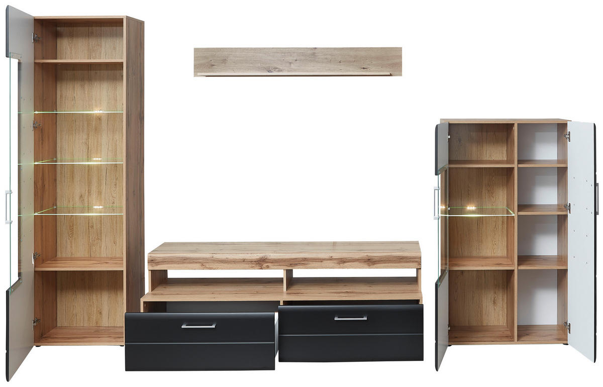 Wohnwand Sonate Eiche Nachbildung schwarz matt B/H/T: ca. 340x208x52 cm Sonate - schwarz (340,00/208,00/52,00cm)