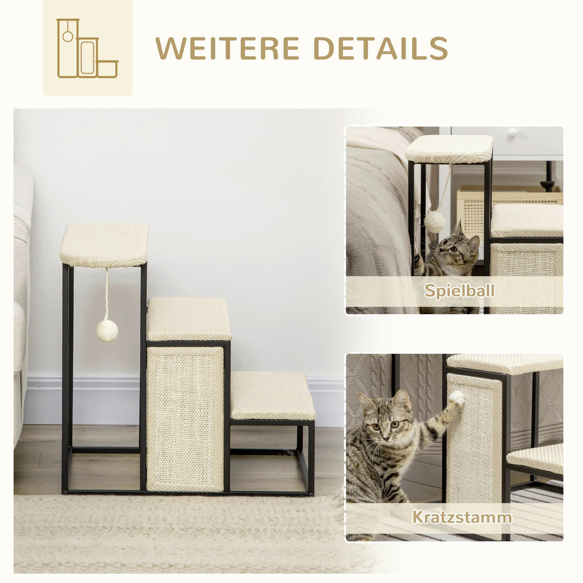 PawHut 3-stufige Haustiertreppe mit Kratzbrett schwarz Edelstahl B/H/L: ca. 54x51x53 cm Haustiertreppe - schwarz/cremeweiß (53,00/54,00/51,00cm) - PawHut