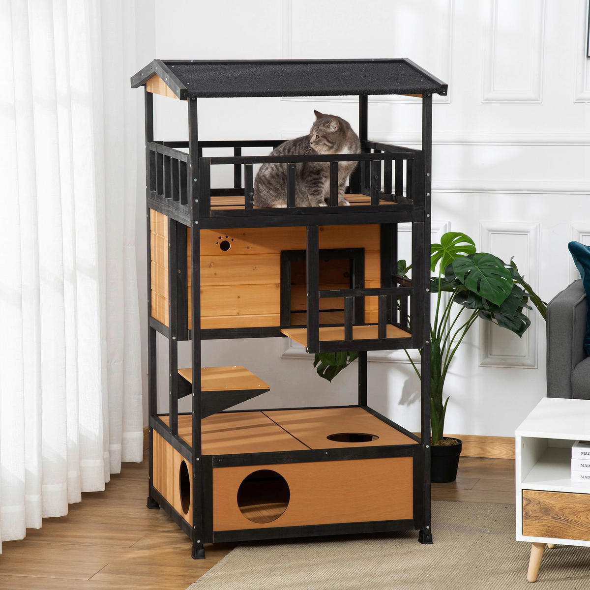 PawHut Katzenhaus schwarz Holz B/H/L: ca. 75x137x75,5 cm Katzenhaus - gelb/schwarz (75,50/75,00/137,00cm) - PawHut