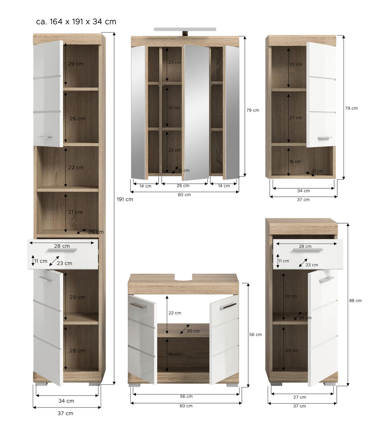 Badezimmer-Set Lambada Eiche Sonoma Nachbildung weiß Hochglanz B/H/T: ca. 164x191x34 cm Lambada - Eiche/weiß (164,00/191,00/34,00cm) - xonox.home