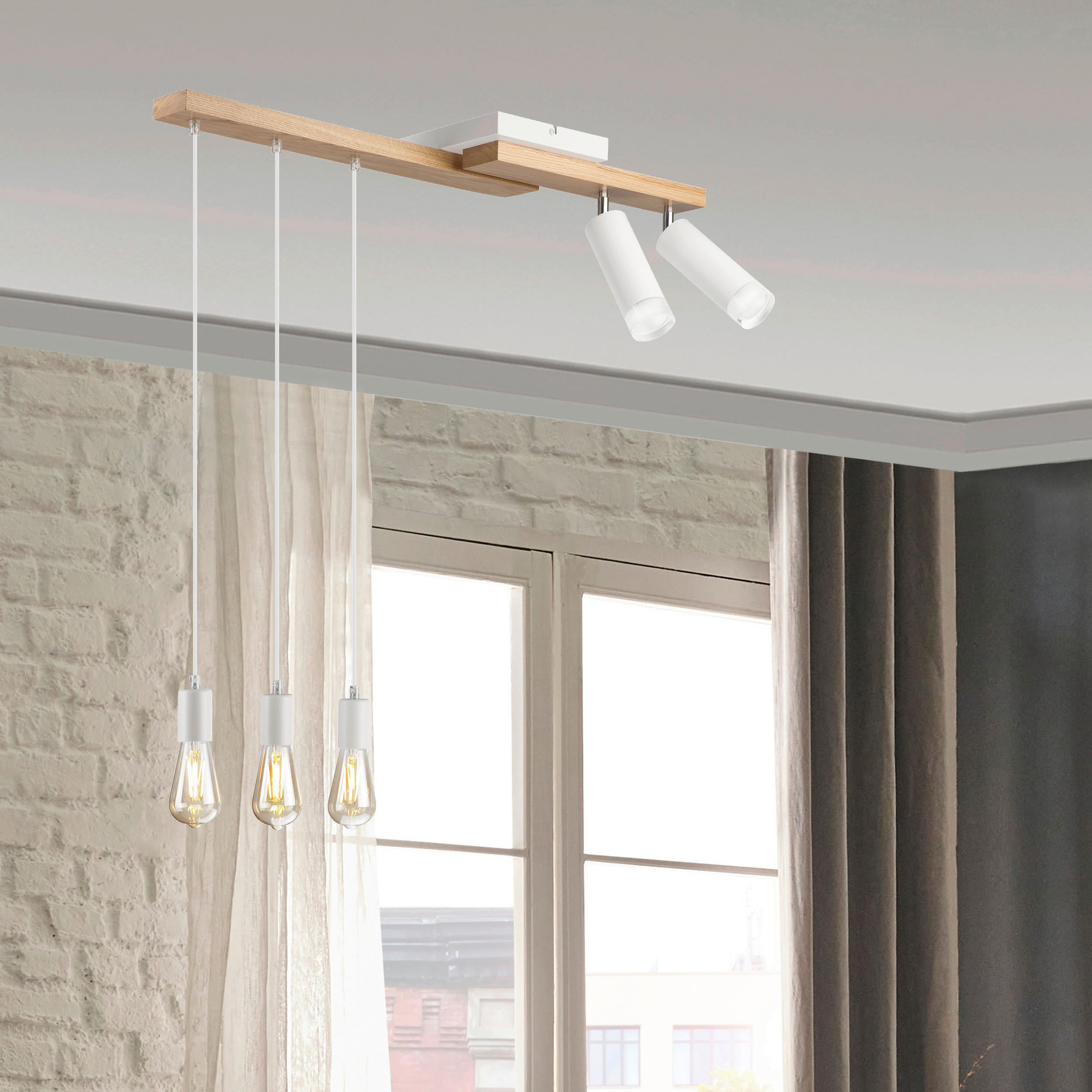 Lamkur Pendelleuchte weiß Holz B/H/L: ca. 20x86x84 cm E27 5 Brennstellen CORTINA - weiß (84,00/20,00/86,00cm) - Lamkur