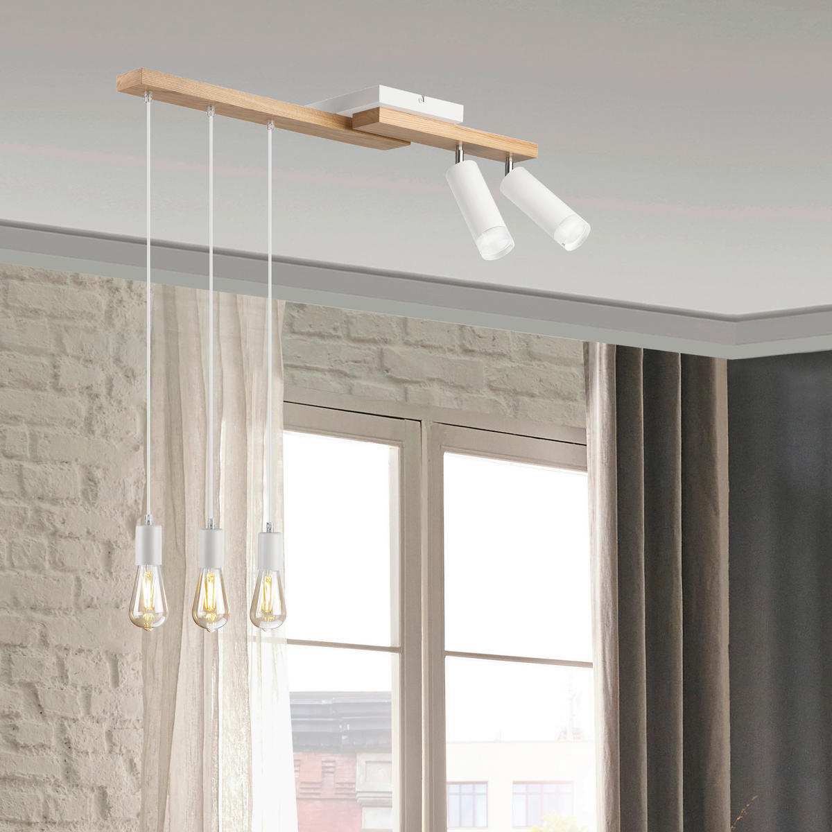 Lamkur Pendelleuchte weiß Holz B/H/L: ca. 20x86x84 cm E27 5 Brennstellen CORTINA - weiß (84,00/20,00/86,00cm) - Lamkur